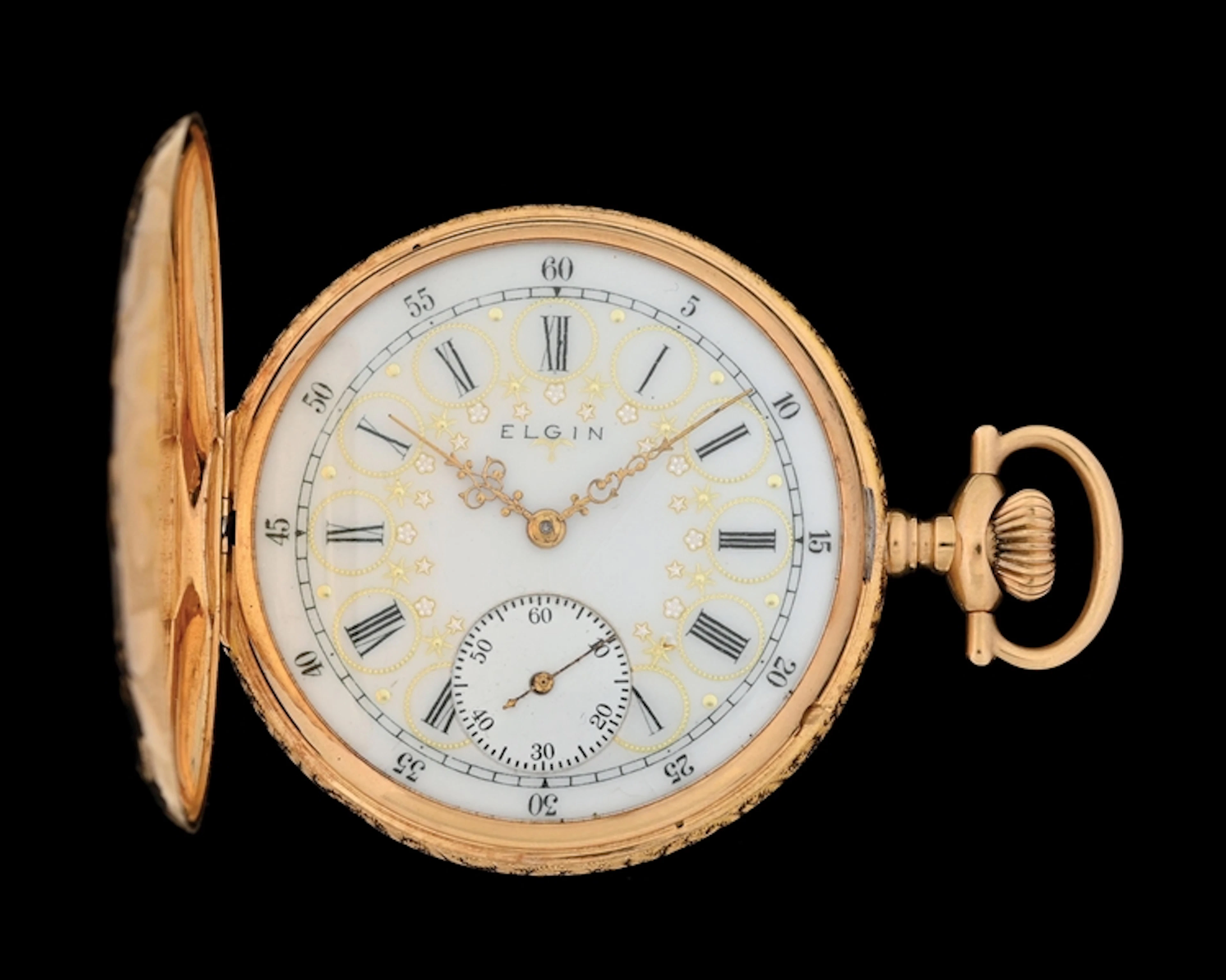 14K YELLOW GOLD ELGIN H/C POCKET WATCH W/FANCY DIAL
