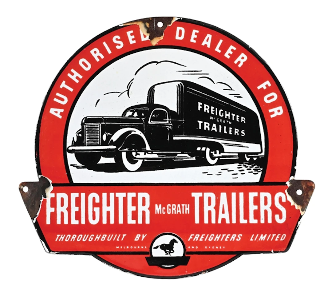 AUTHORIZED DEALER FOR FREIGHTER MCGRATH TRAILERS PORCELAIN SIGN