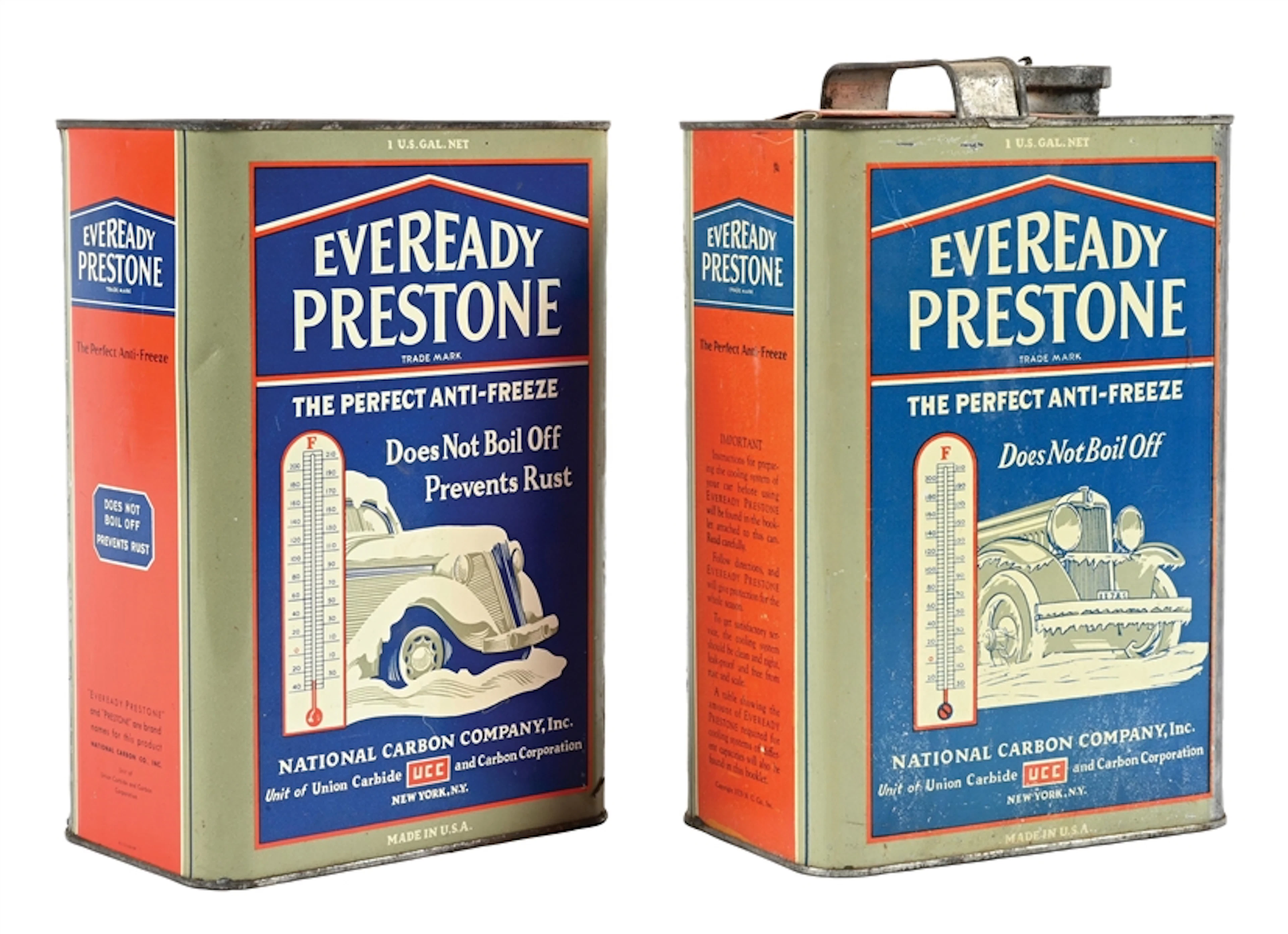 COLLECTION OF 2: PRESTONE ANTI-FREEZE ONE GALLON CANS W/ CAR GRAPHIC