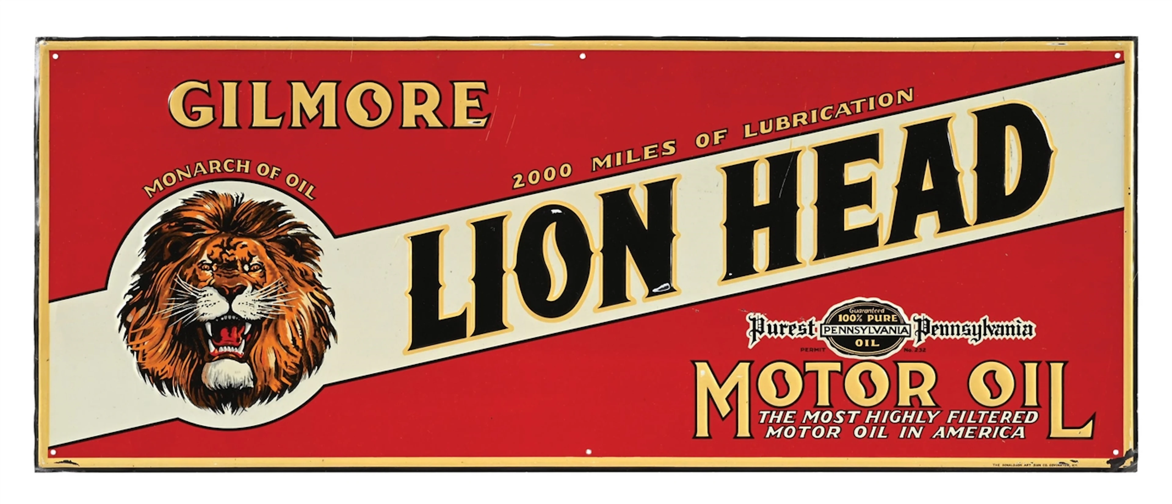 GILMORE LION HEAD MOTOR OIL EMBOSSED TIN SIGN