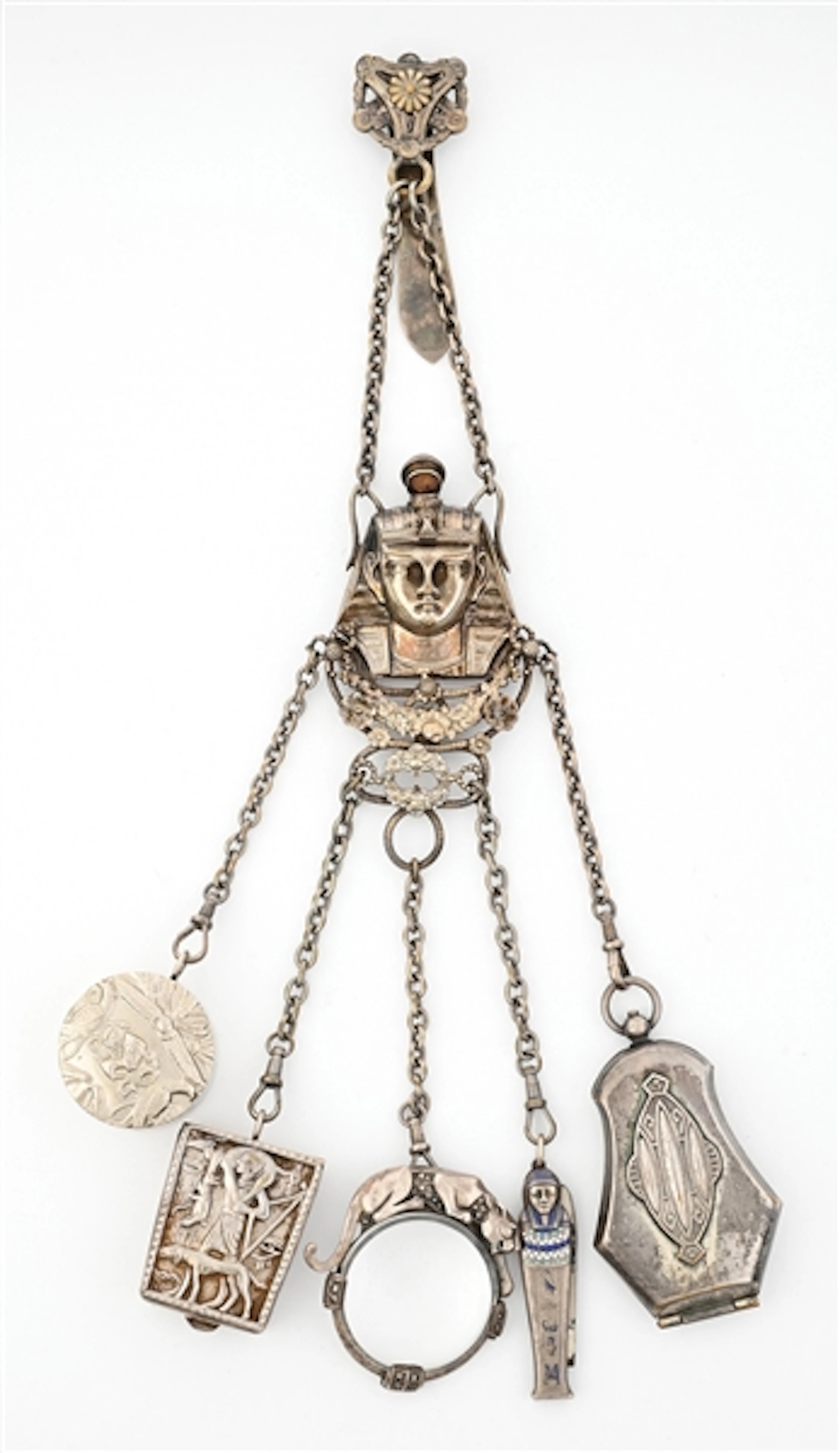 ASSEMBLED EGYPTIAN-STYLE CHATELAINE WITH SILVER COMPONENTS