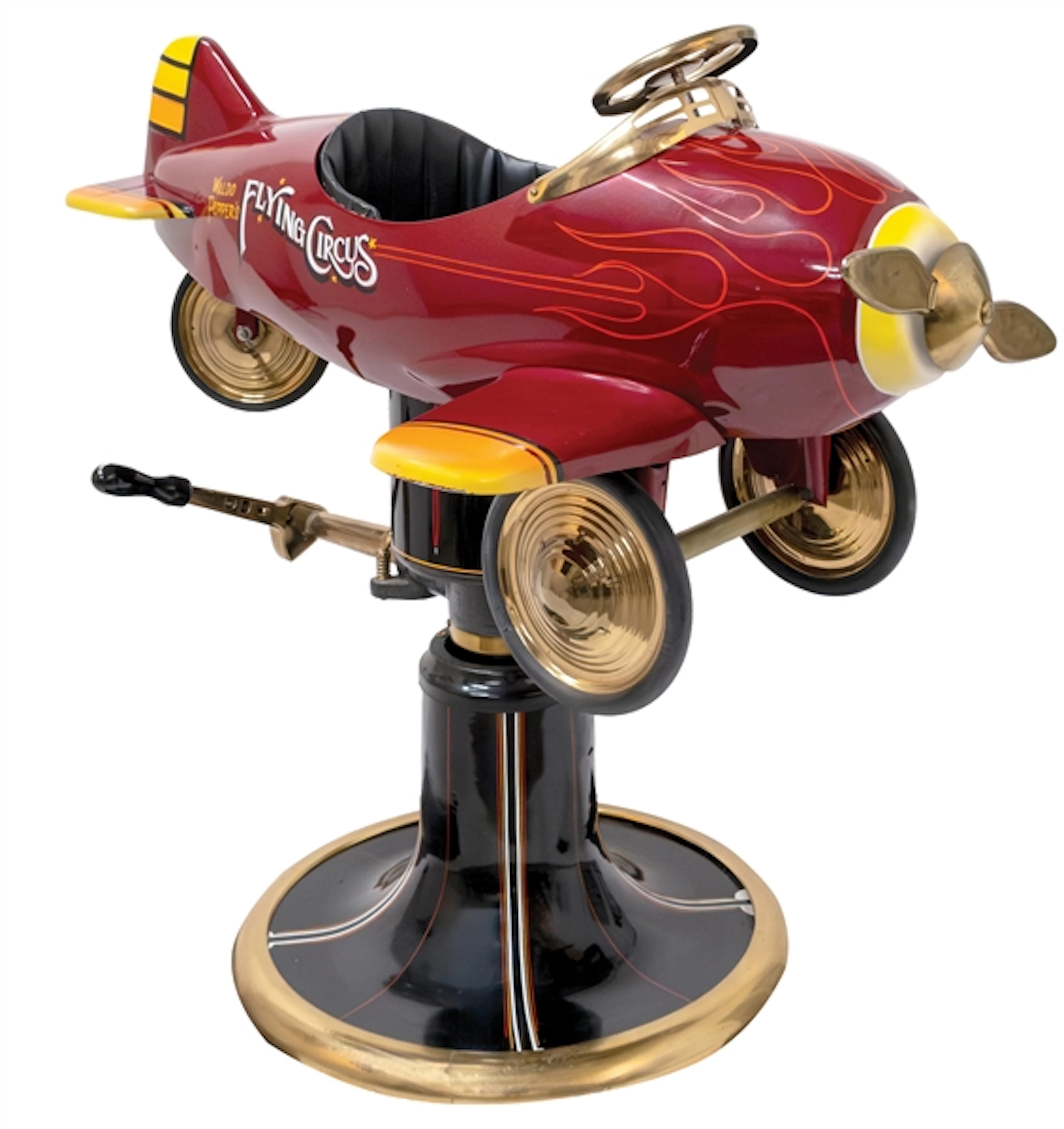 AIRPLANE PEDAL CAR MOUNTED ON BARBER CHAIR BASE TO FUNCTION AS A CHILDREN'S