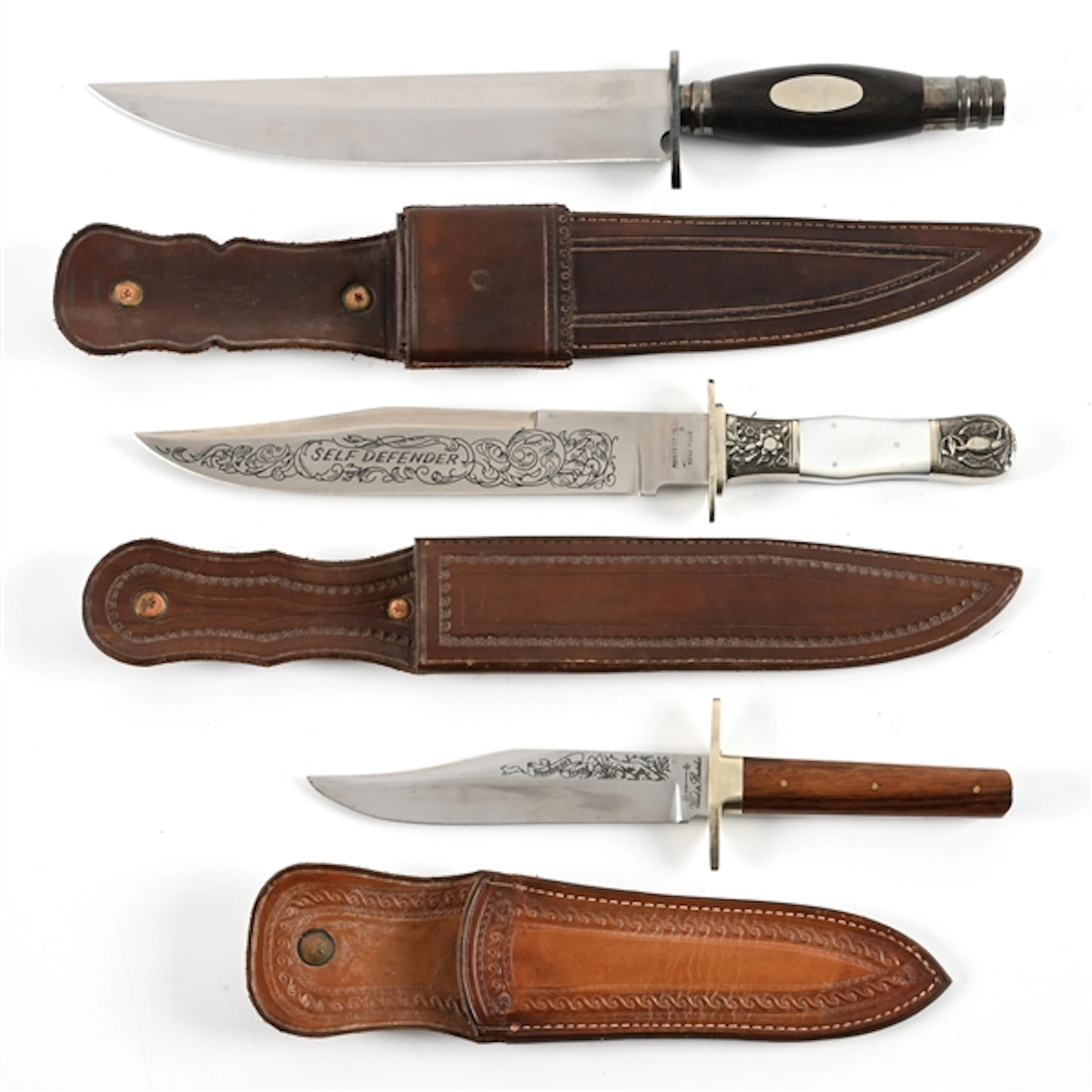 LOT OF 3: CONTEMPORARY BOWIE KNIVES WITH R.S. GILES SCABBARDS.