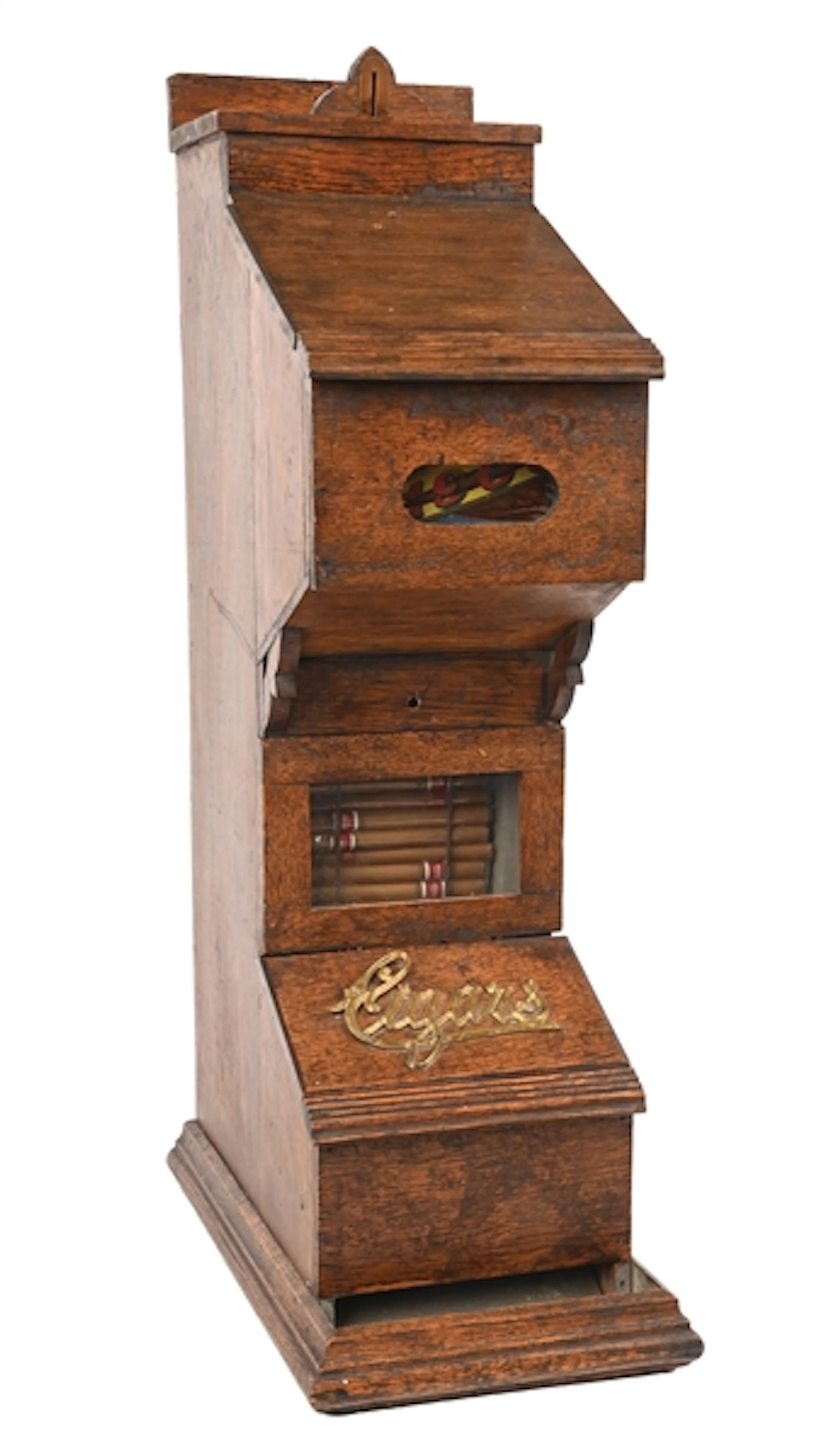 ANTIQUE COIN OPERATED WOODEN CIGAR VENDING MACHINE