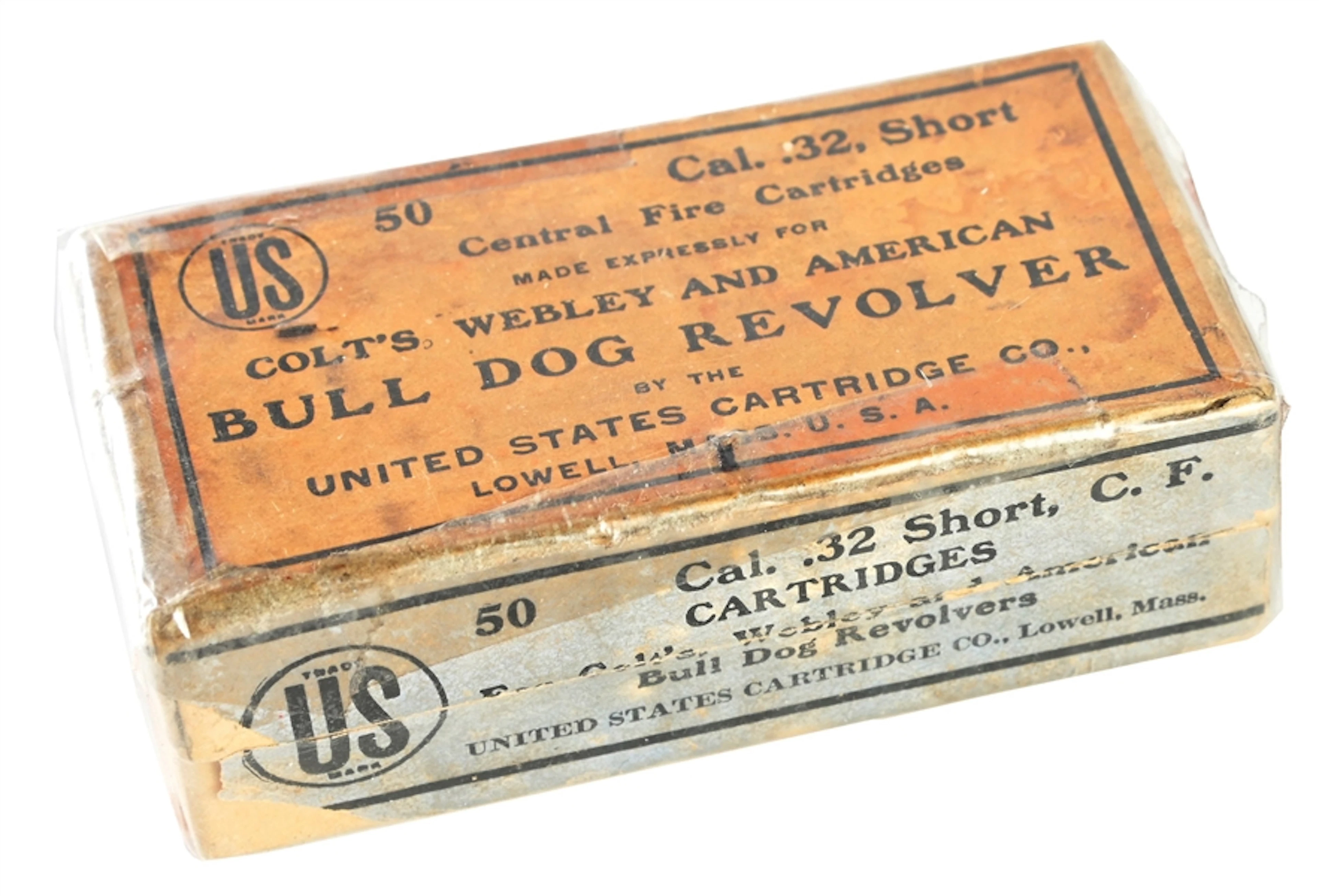 US CARTRIDGE CO. FULL BOX OF .32 SHORT CF BULL DOG AMMUNITION.