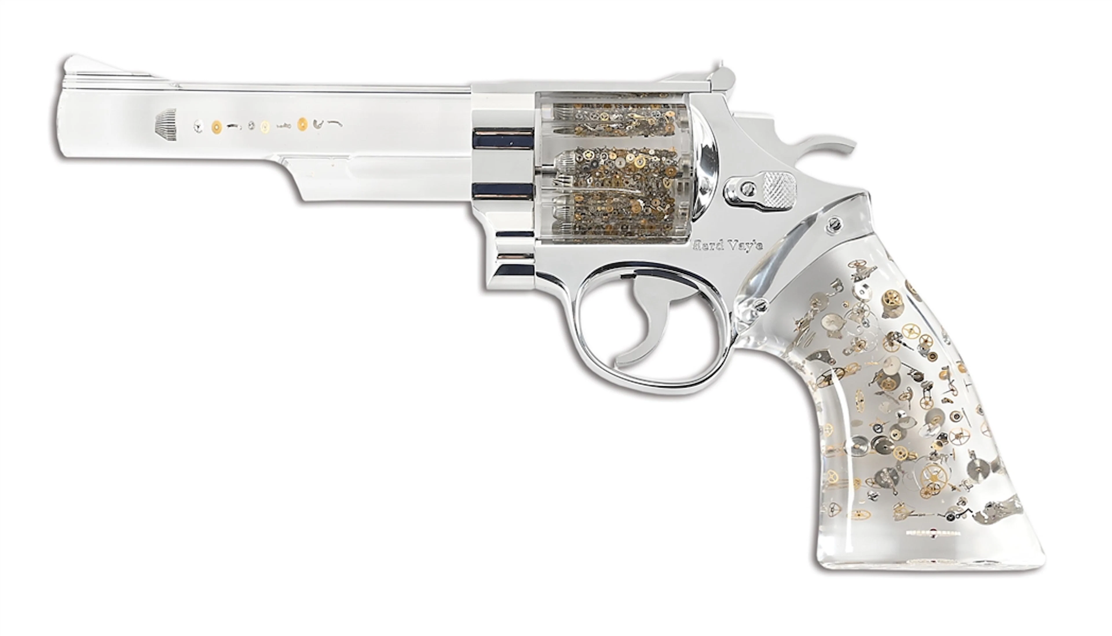 BERD VAYE LUCITE SCULPTURE OF A REVOLVER IN A CASE.