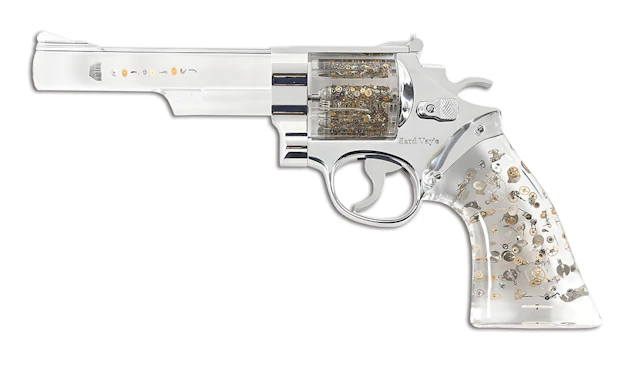 BERD VAYE LUCITE SCULPTURE OF A REVOLVER IN A CASE.