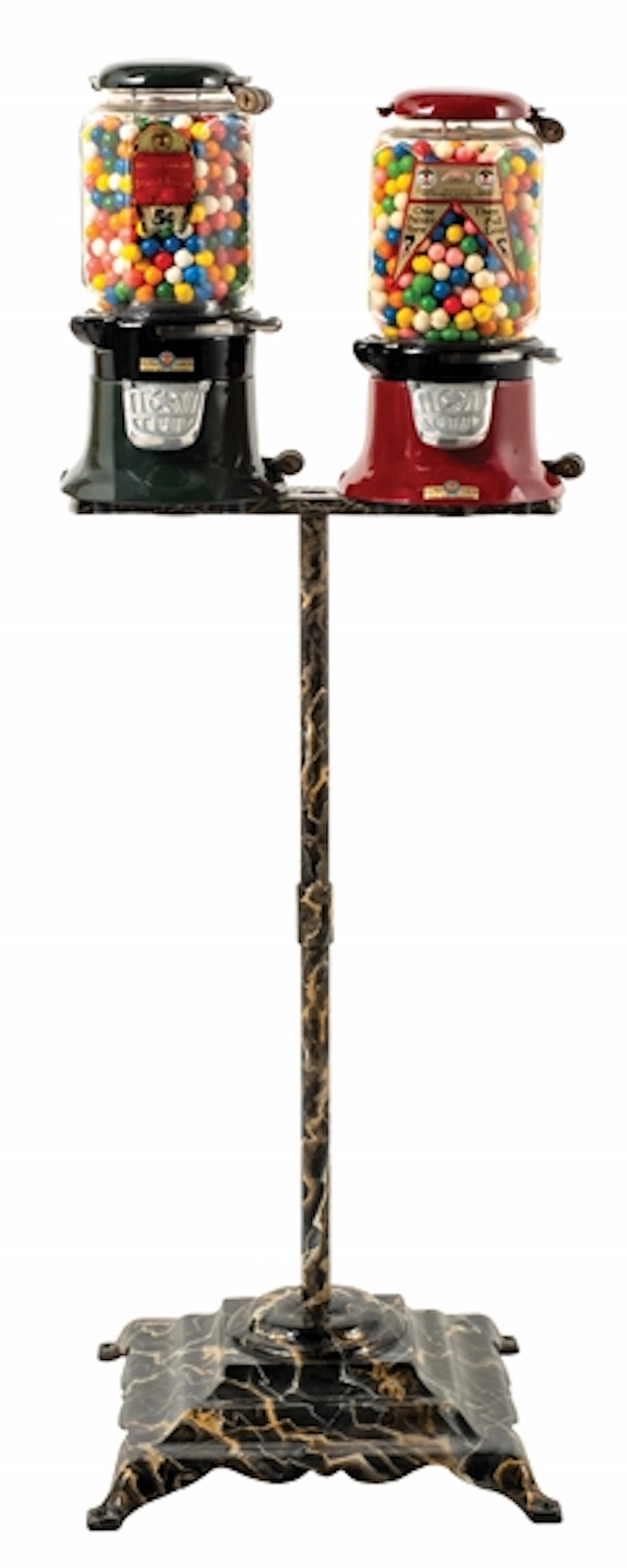 PAIR OF RESTORED COLUMBUS GUMBALL MACHINES ON A COLUMBUS STAND
