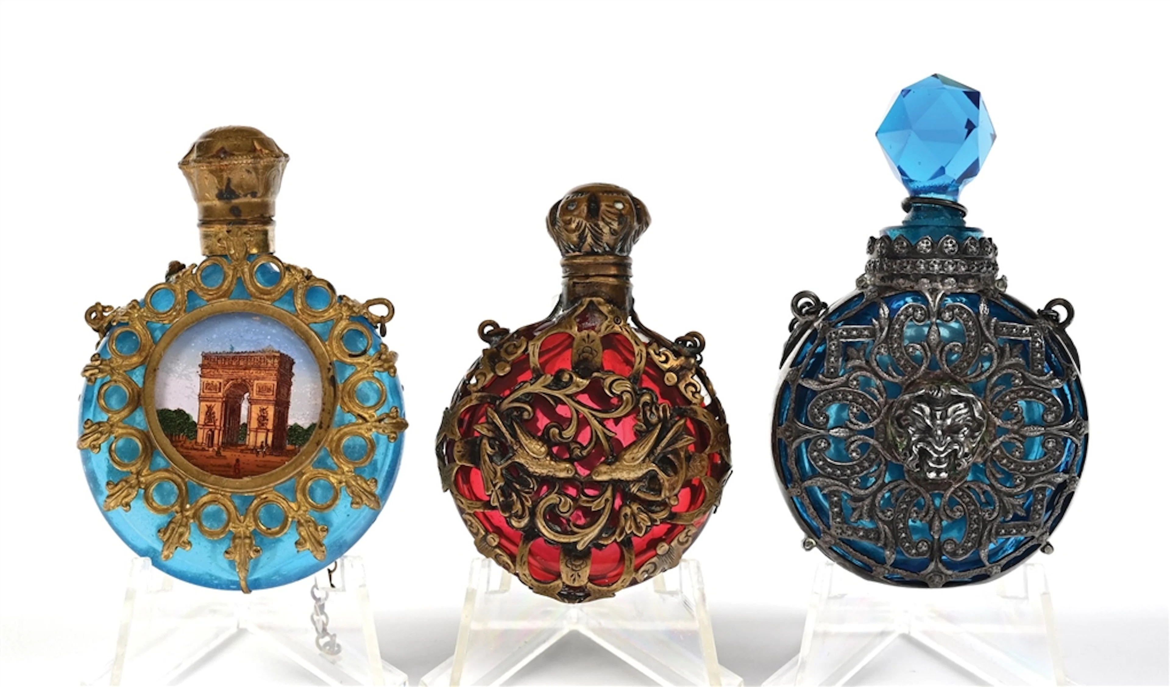 LOT OF 3: GLASS GILDED PERFUME BOTTLES