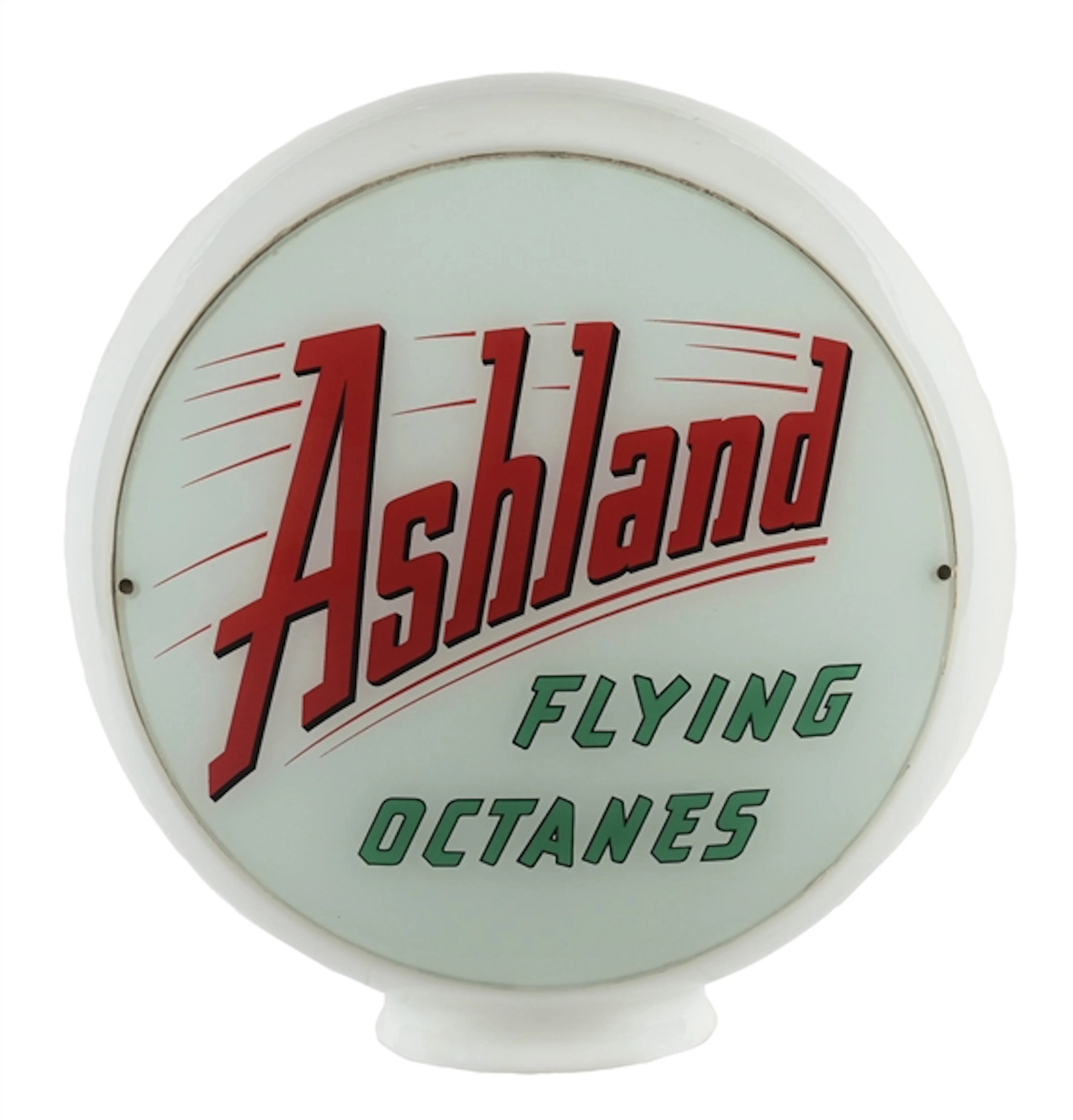 ASHLAND FLYING OCTANES SINGLE 13.5" GLOBE LENS ON WIDE MILK GLASS BODY.