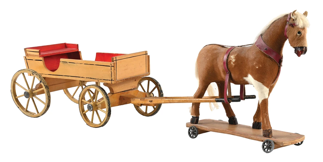 HIDE-COVERED HORSE AND WOODEN CART PULL TOY