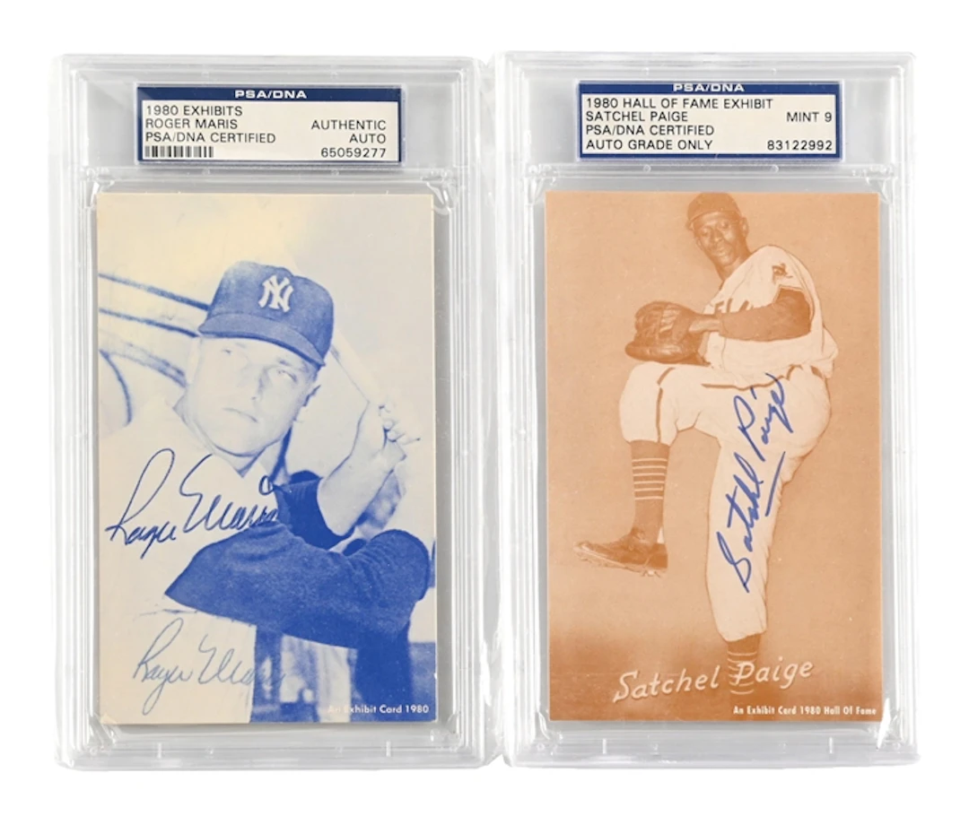 LOT OF 2: SIGNED HOF EXHIBITS PAIGE SATCHEL & ROGER MARIS POSTCARDS