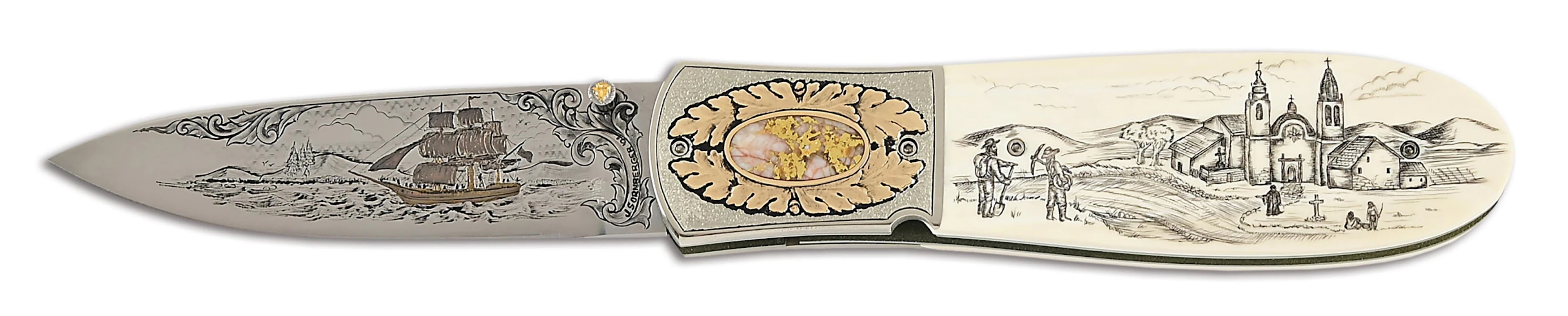 JIM SORNBERGER SAN FRANCISCO STYLE GOLD QUARTZ INLAID AND SCRIMSHAWED FOLDER.