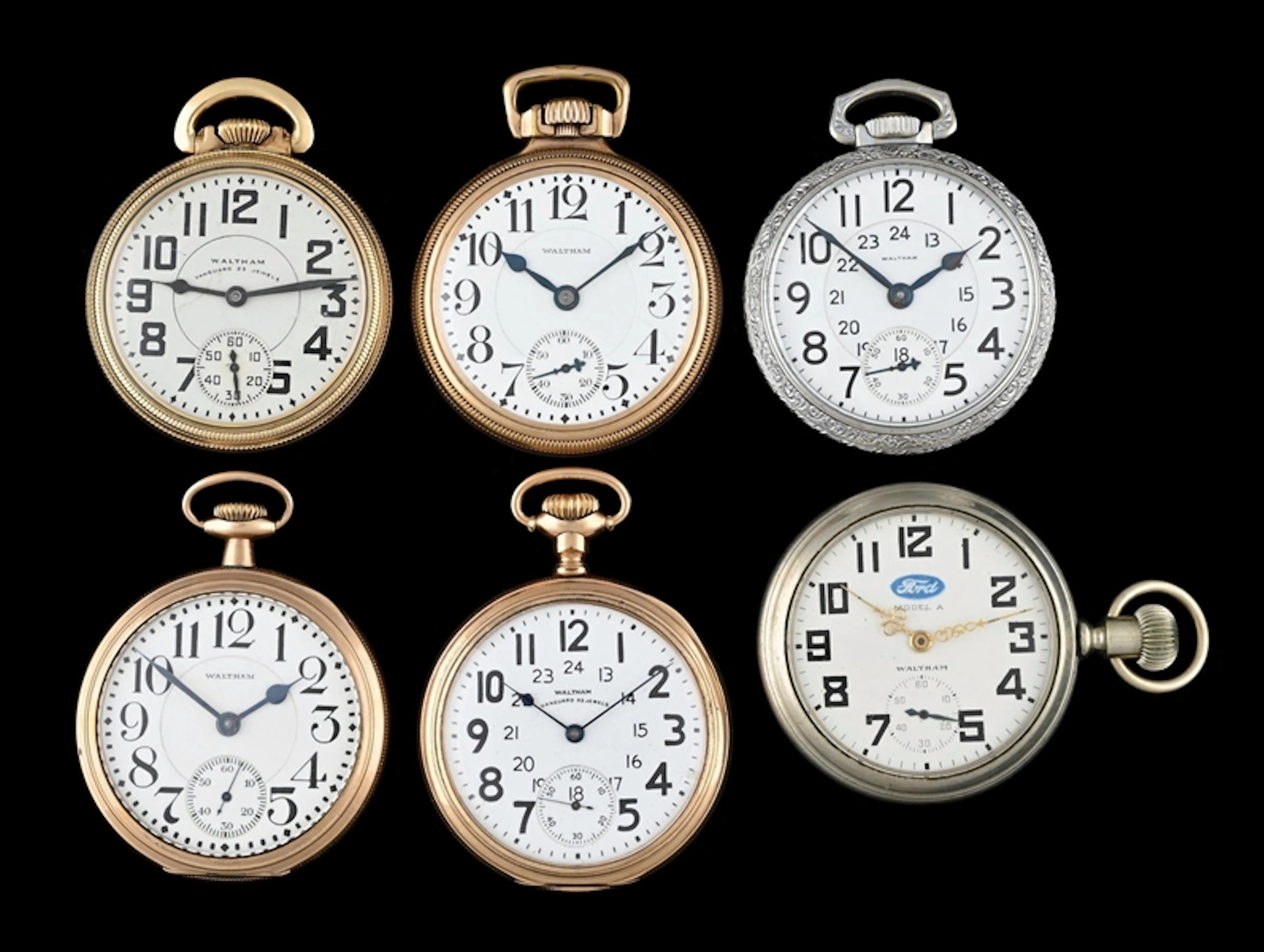 LOT OF 6: WALTHAM OPEN FACE POCKET WATCHES INC. FORD MODEL A