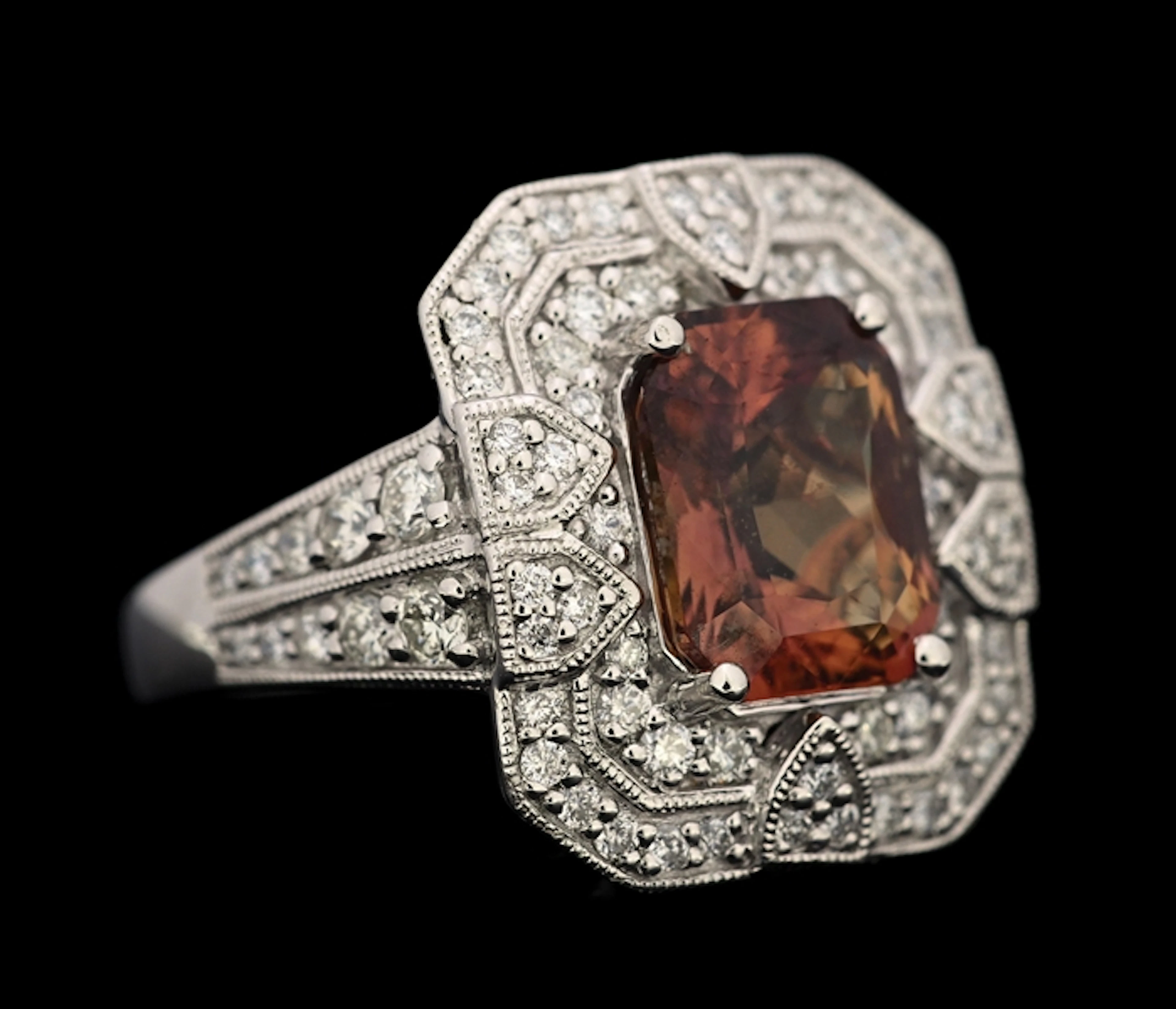 PLATINUM ORANGE SAPPHIRE & DIAMOND RING W/GIA REPORT