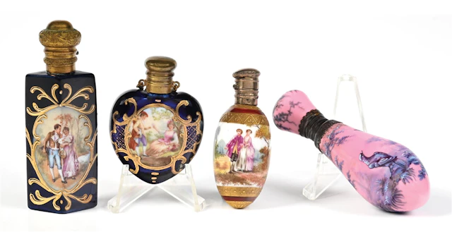 LOT OF 4: EUROPEAN ENAMEL & PORCELAIN PERFUME BOTTLES