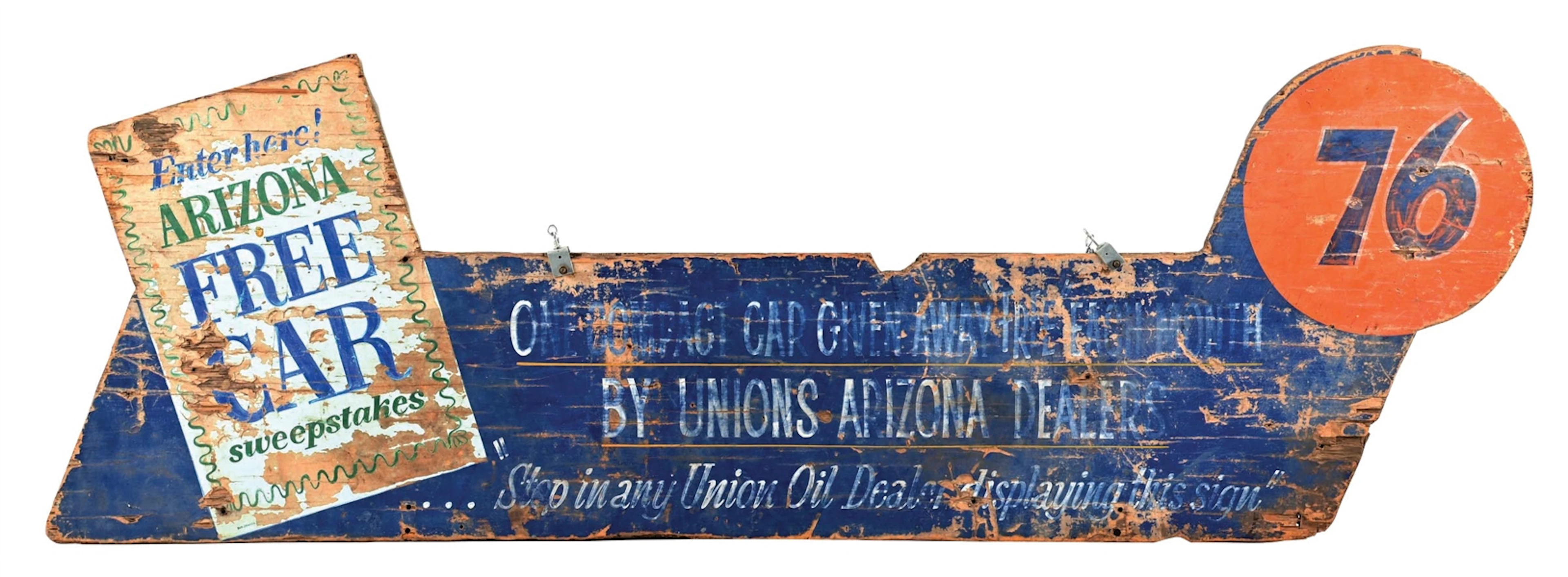 UNION 76 "FREE CAR" SWEEPSTAKES FROM ARIZONA DEALERS HAND PAINTED WOOD SIGN.