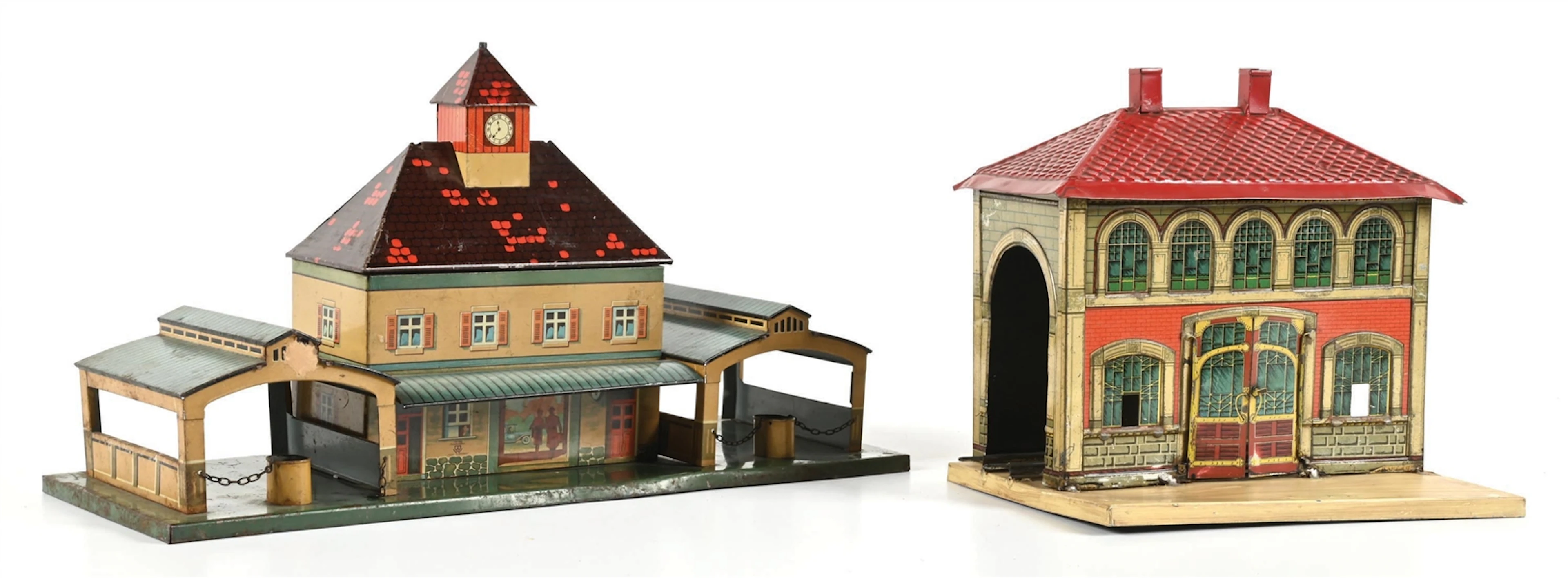 LOT OF 2: GERMAN TIN LITHO TRAIN STATION AND ENGINE HOUSE