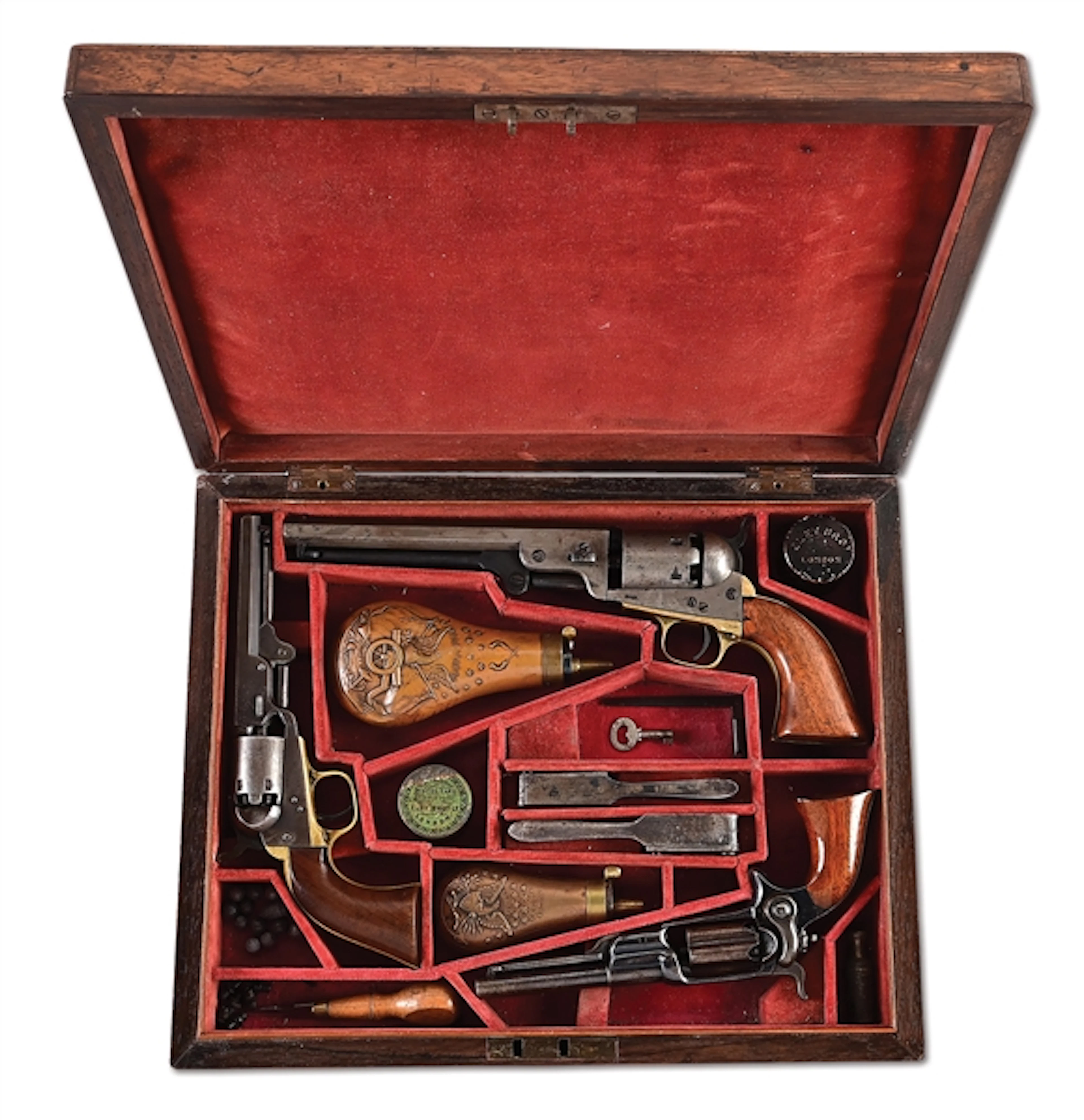 (A) TRIPLE CASED COLT MODEL 1851 NAVY, 1849 POCKET, AND 1855 ROOT