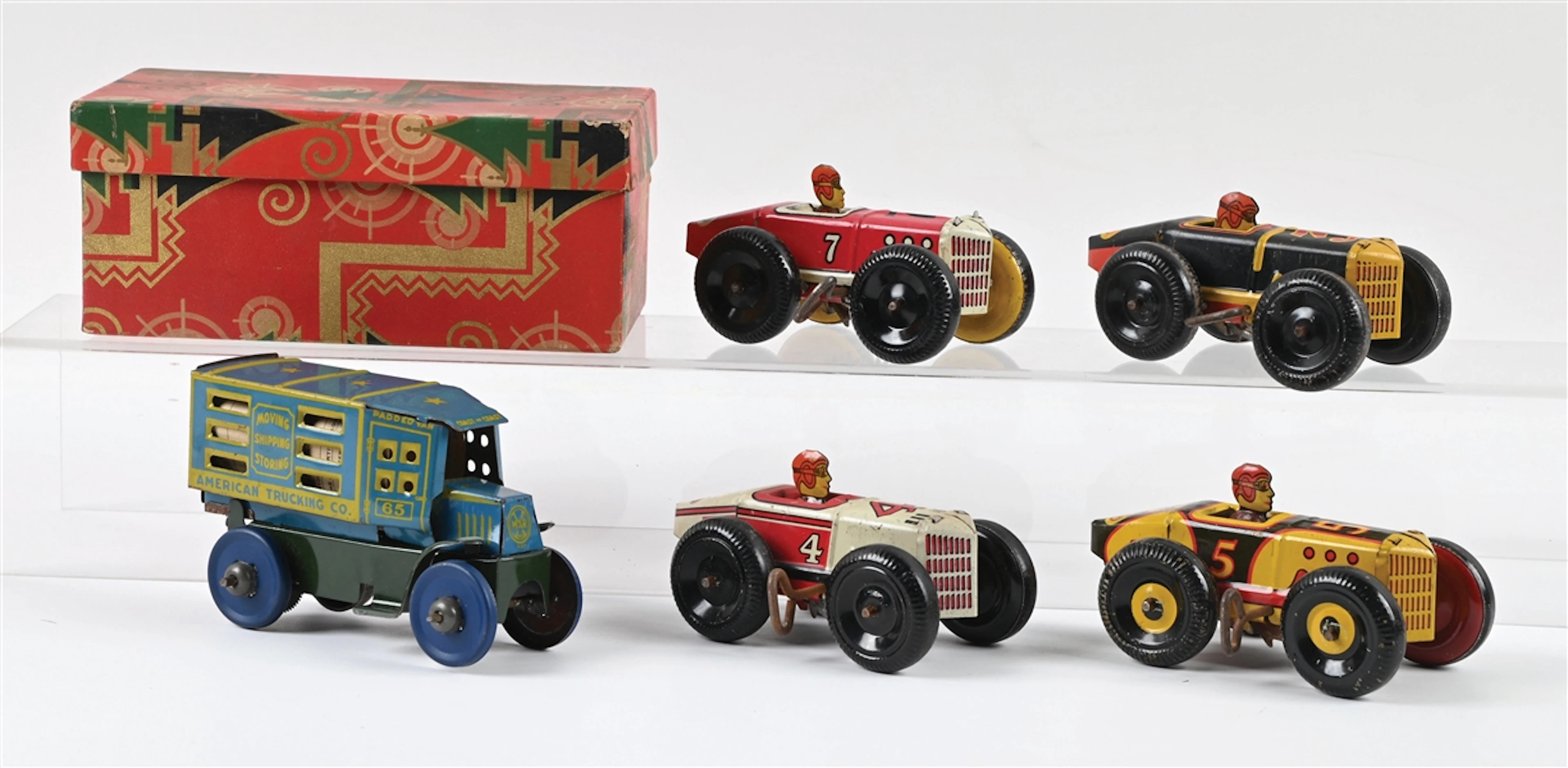 LOT OF 5: LOUIS MARX TIN LITHO RACING CARS AND AMERICAN TRUCKING CO.