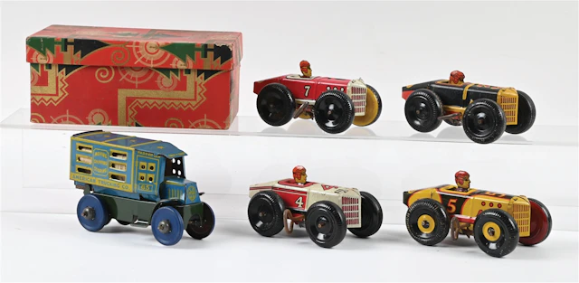 LOT OF 5: LOUIS MARX TIN LITHO RACING CARS AND AMERICAN TRUCKING CO.