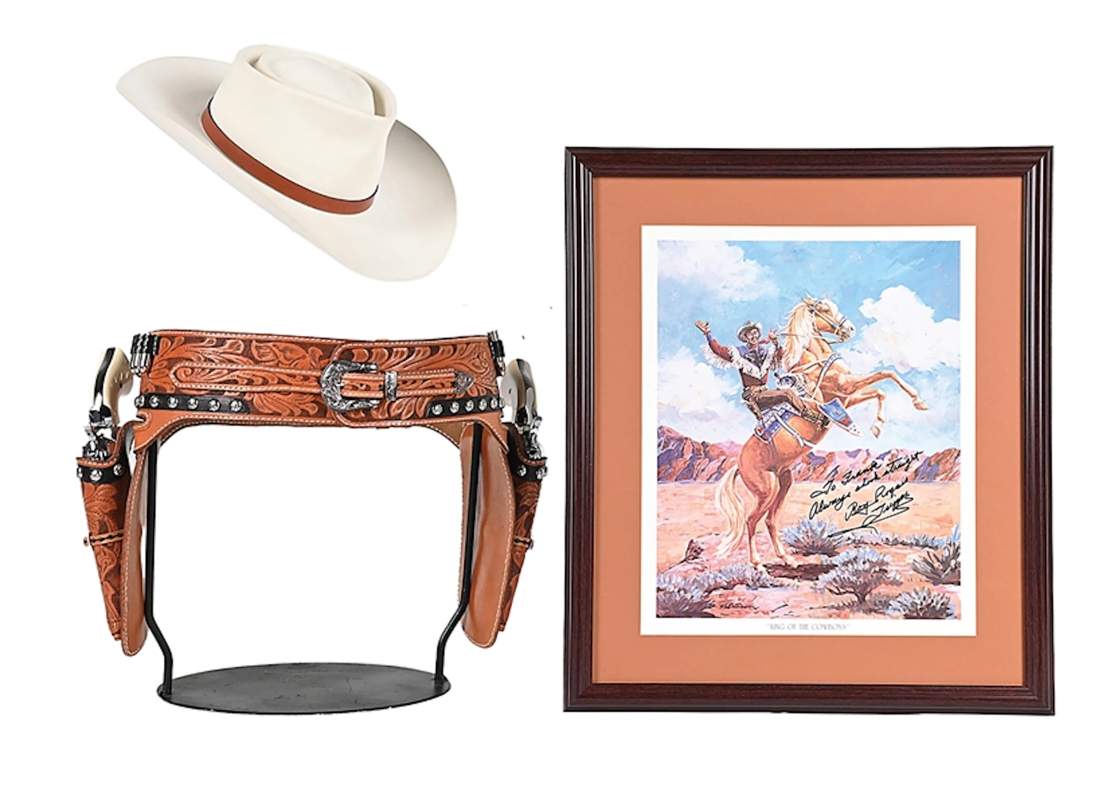 ROY ROGERS THEME HAT, LITHOGRAPH, TWO COLTS, & RIG