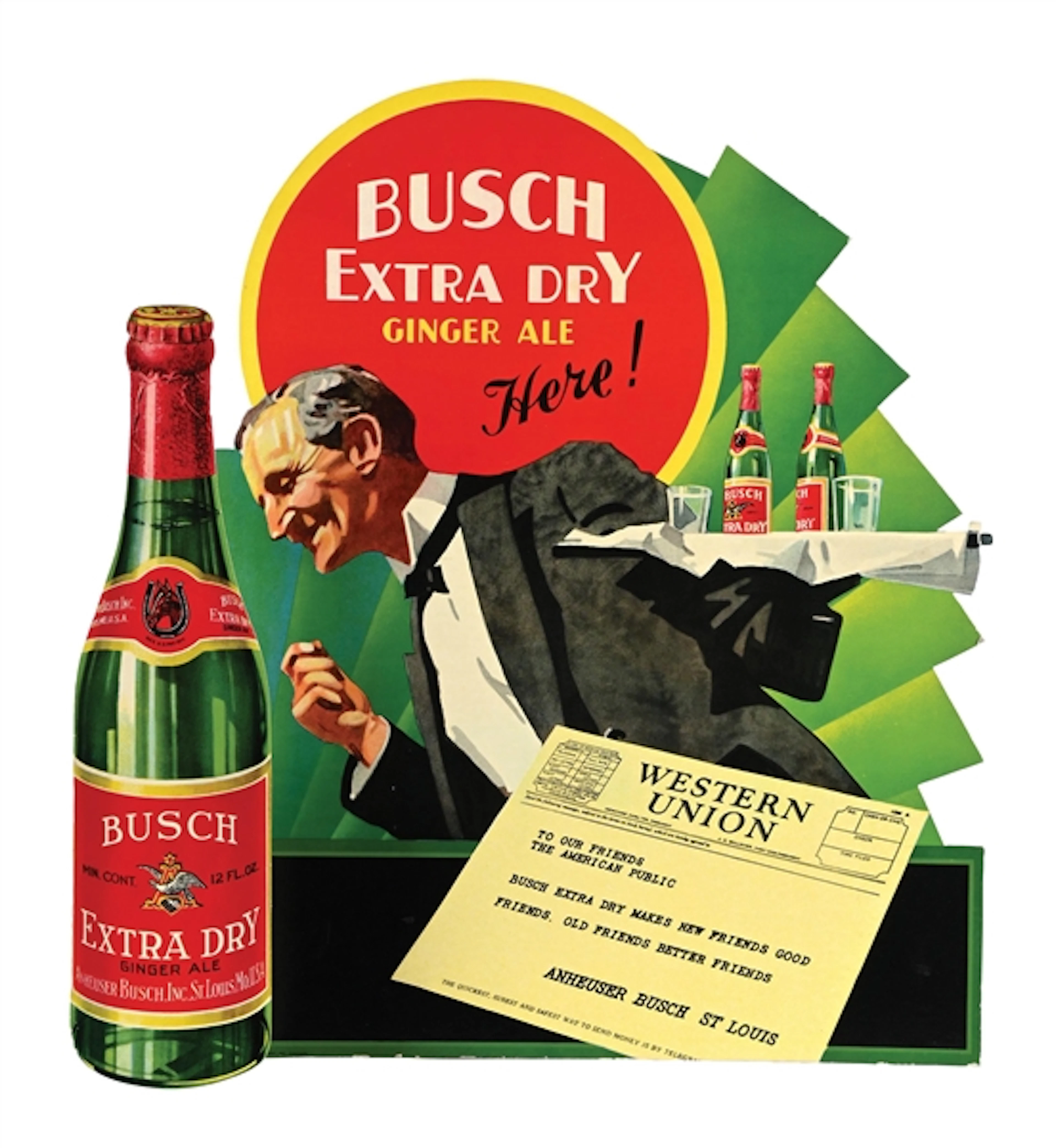 BUSCH EXTRA DRY GINGER ALE HERE! DIE CUT CARDBOARD ADVERTISEMENT