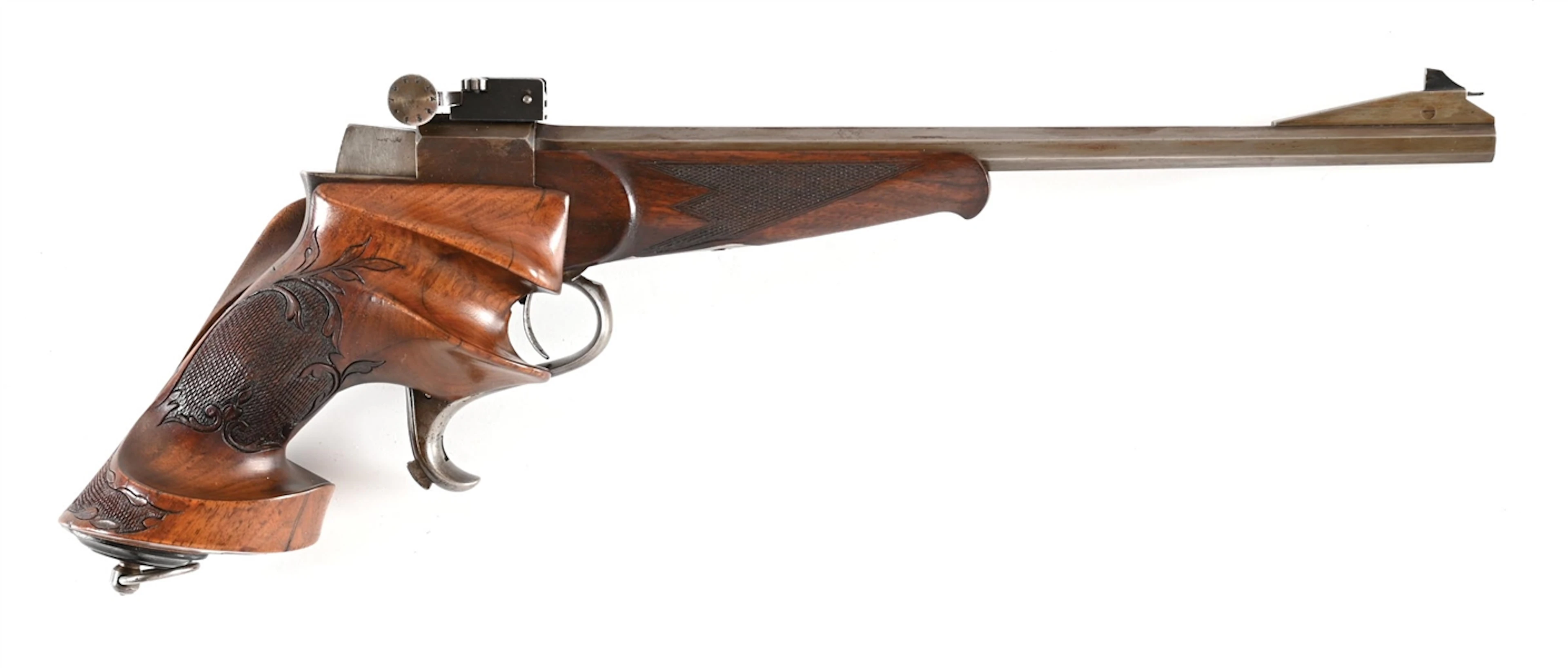 (C) SWISS K. ZIMMERMANN SINGLE SHOT .22 FREE PISTOL.
