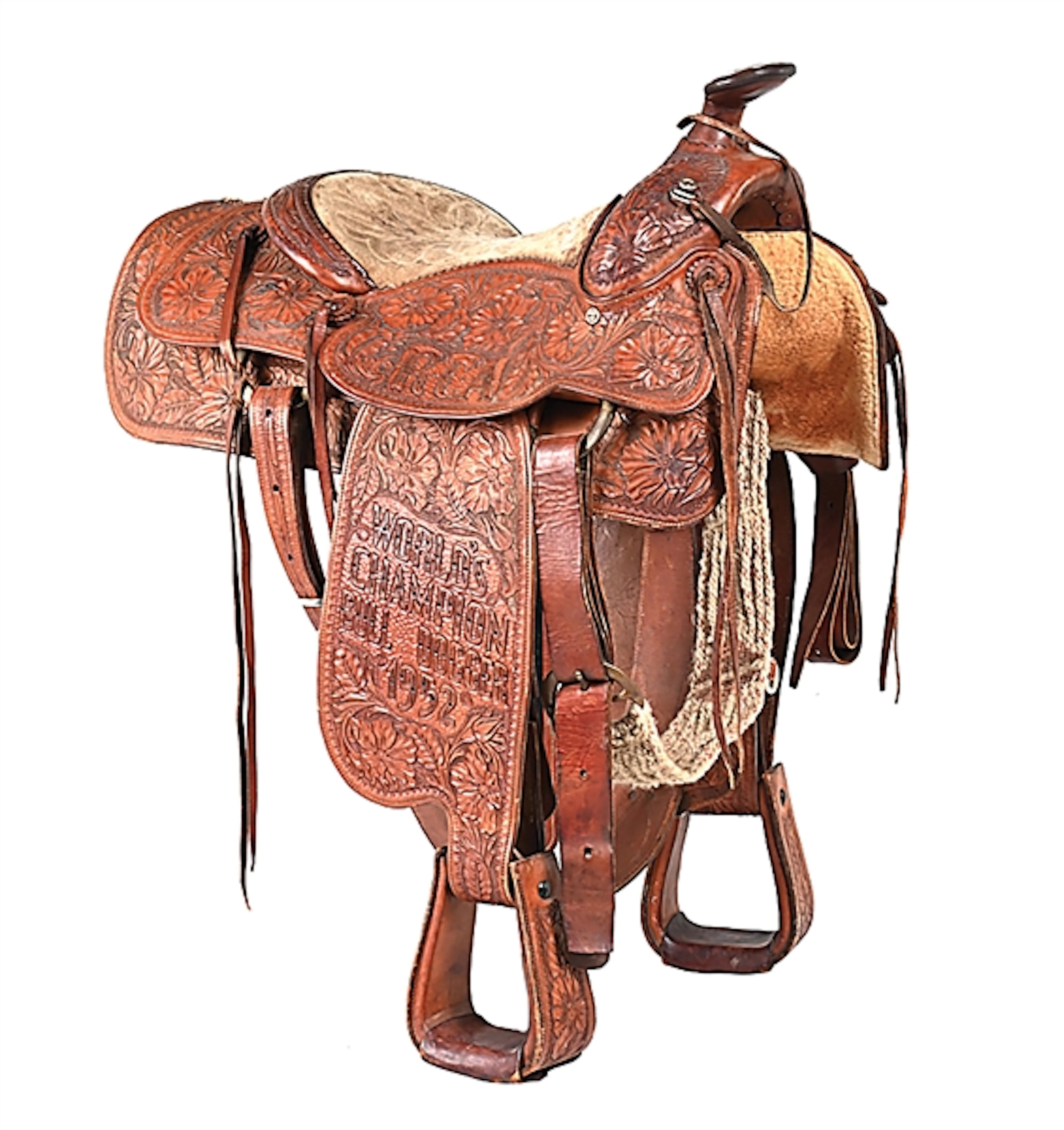 C. 1952 ROWELL SADDLE CO. HARLEY MAY WORLD CHAMPION TOOLED LEATHER