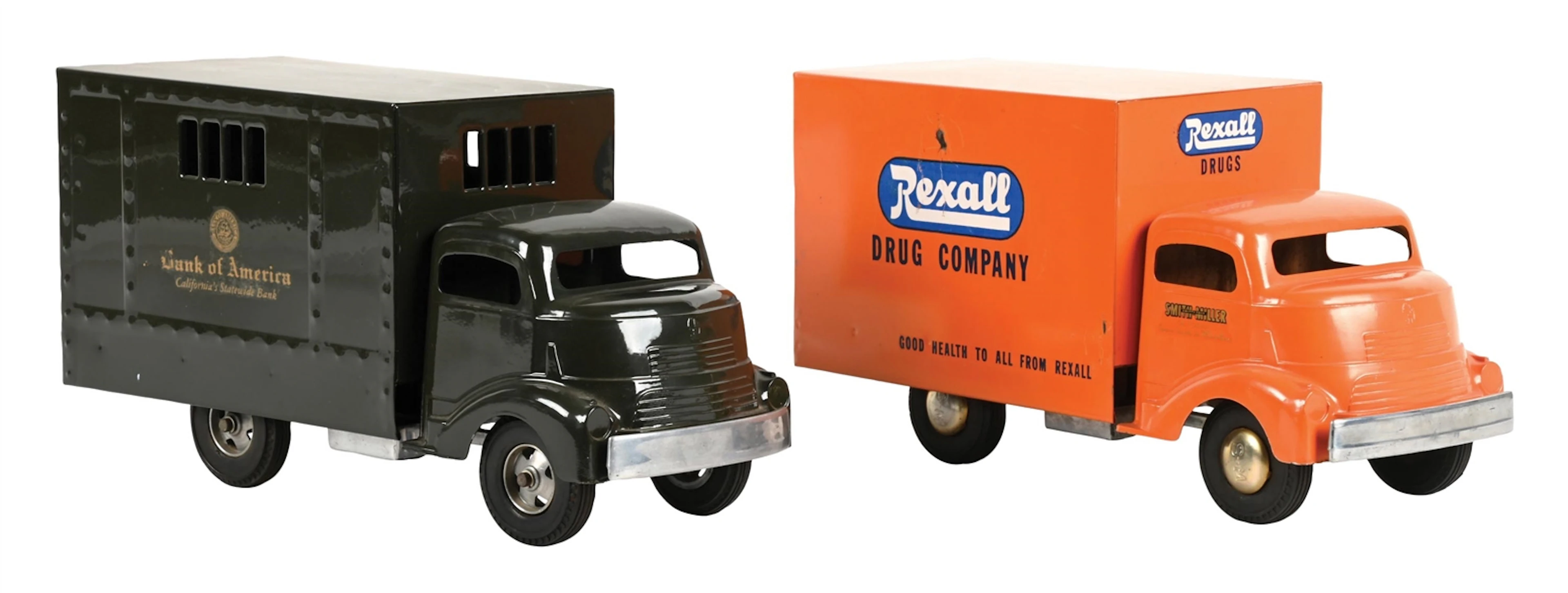 LOT OF 2: SMITH MILLER BANK TRUCK & REXALL BOX TRUCK (RESTORED)