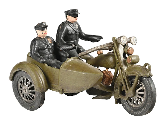 HUBLEY MFG. CO. CAST IRON POLICE MOTORCYCLE WITH RIDERS AND SIDECAR