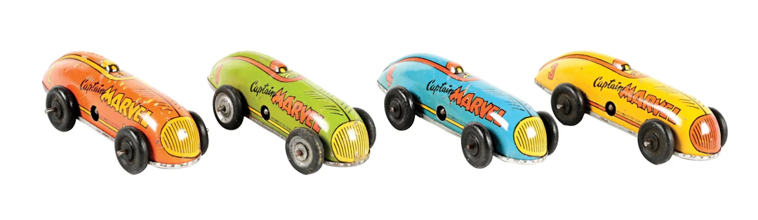 LOT OF 4: TIN LITHO CAPTAIN MARVEL RACER CARS