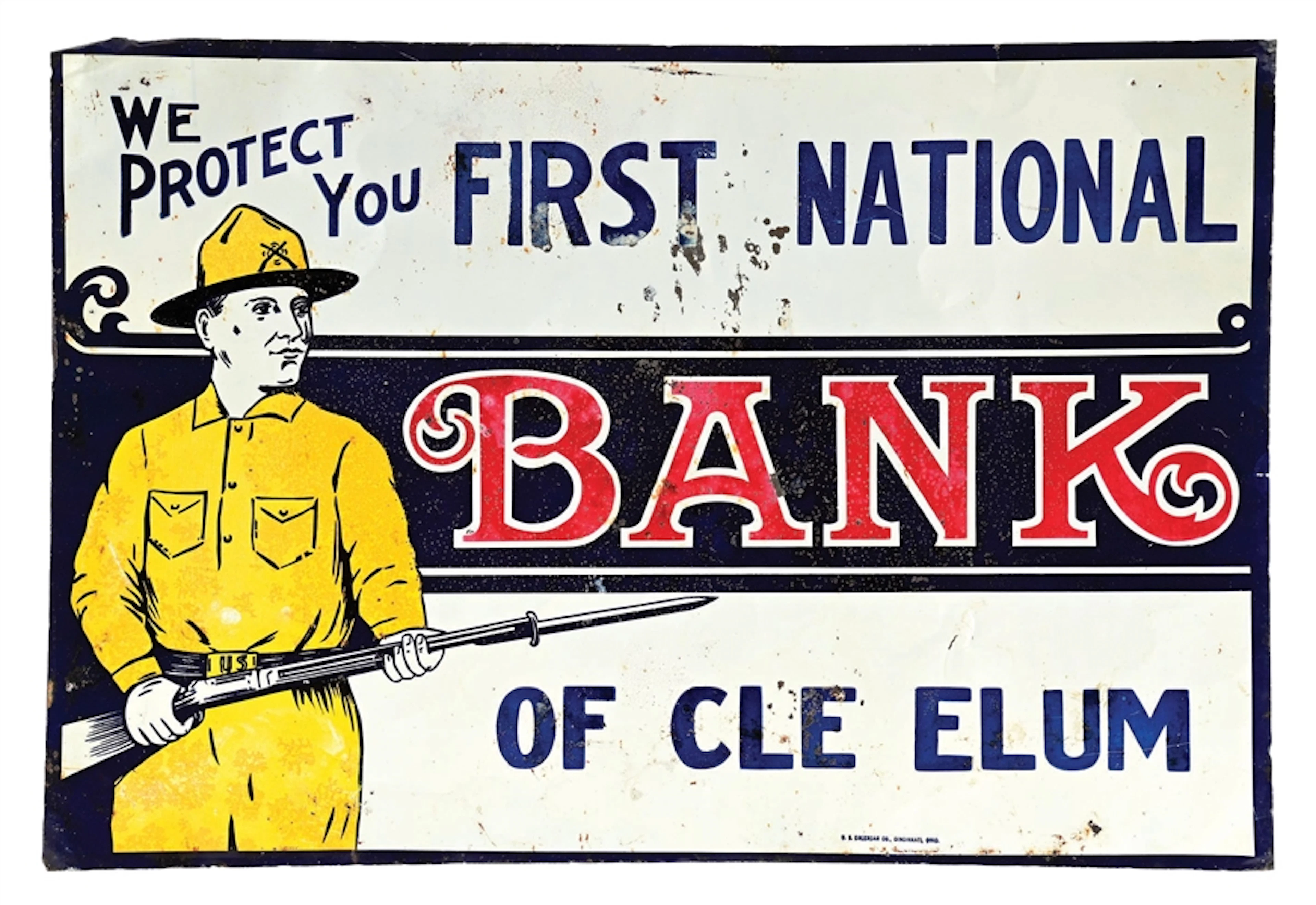 WE PROTECT YOU FIRST NATIONAL BANK OF CLE ELUM EMBOSSED TIN SIGN