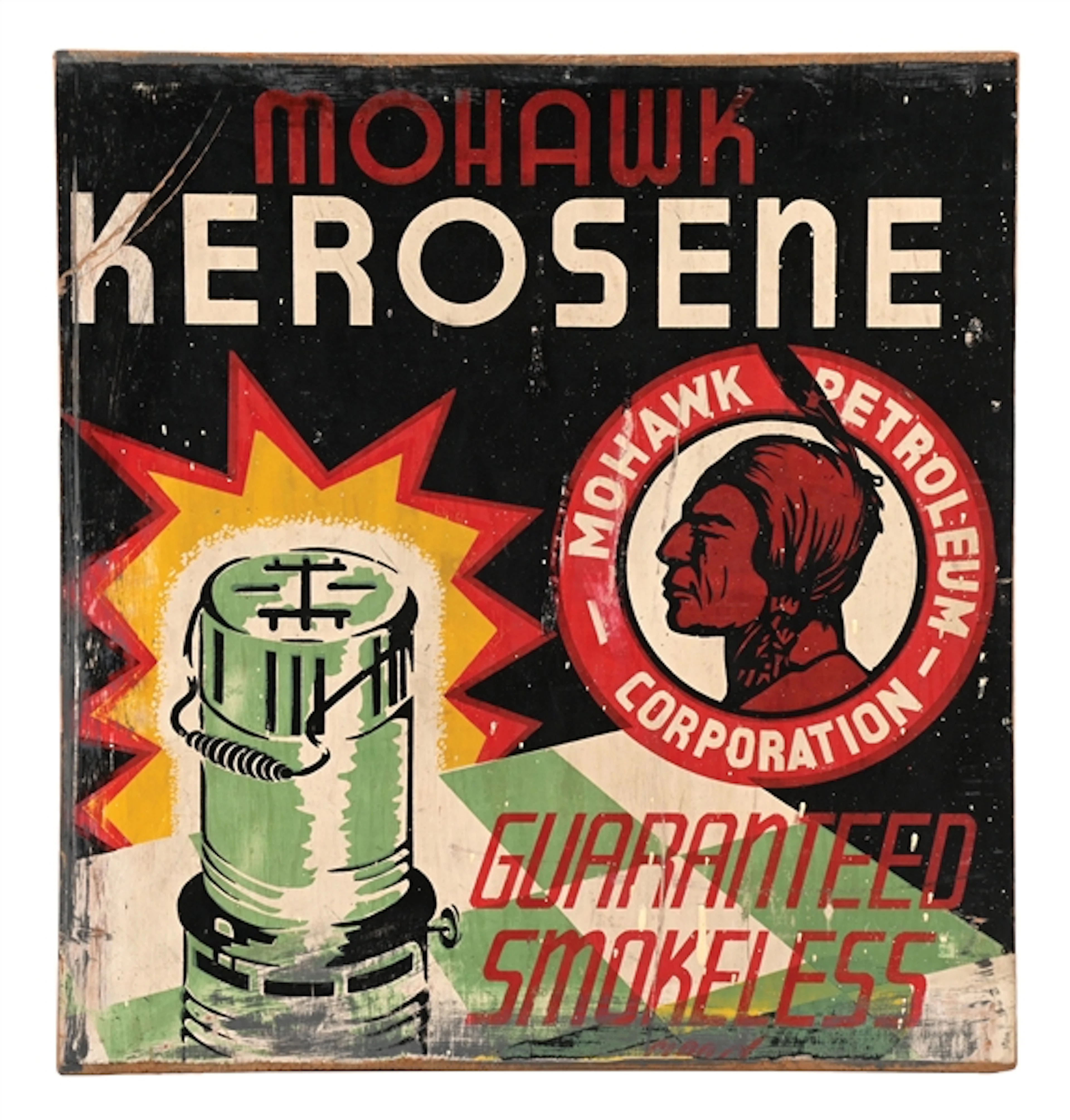 RARE MOHAWK KEROSENE PAINTED WOOD SIGN WITH NATIVE AMERICAN GRAPHIC