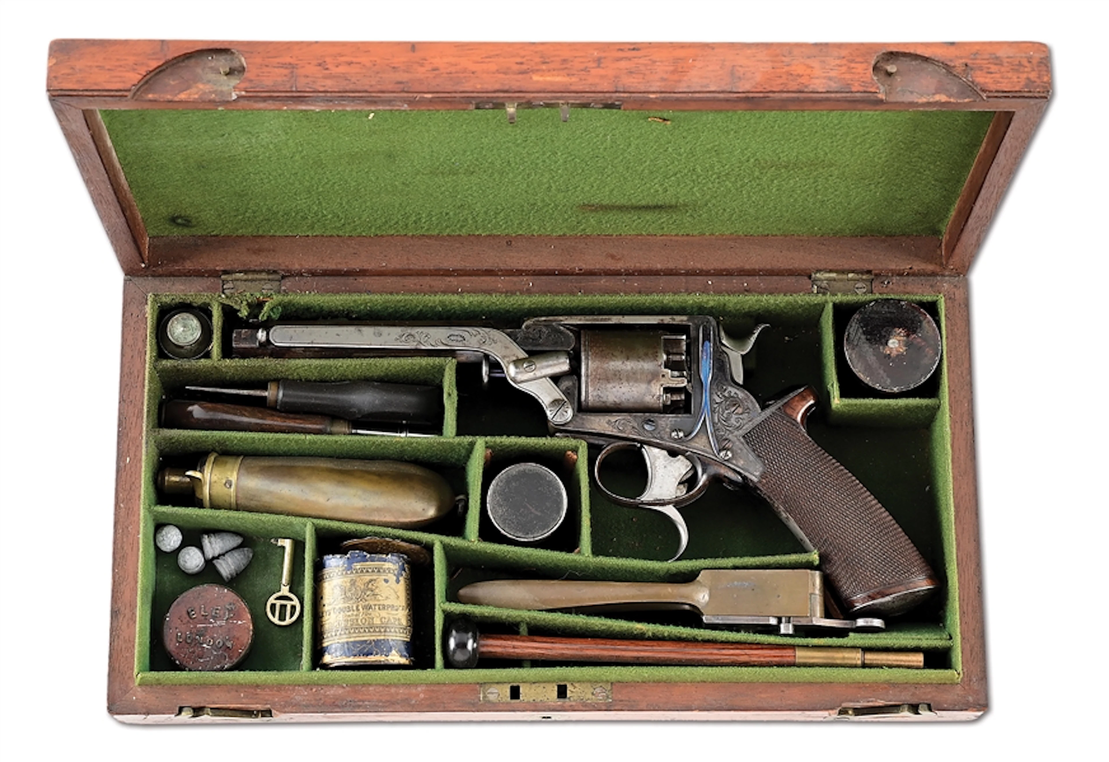 (A) CASED AND ENGRAVED TRANTER PATENT DOUBLE ACTION PERCUSSION REVOLVER.