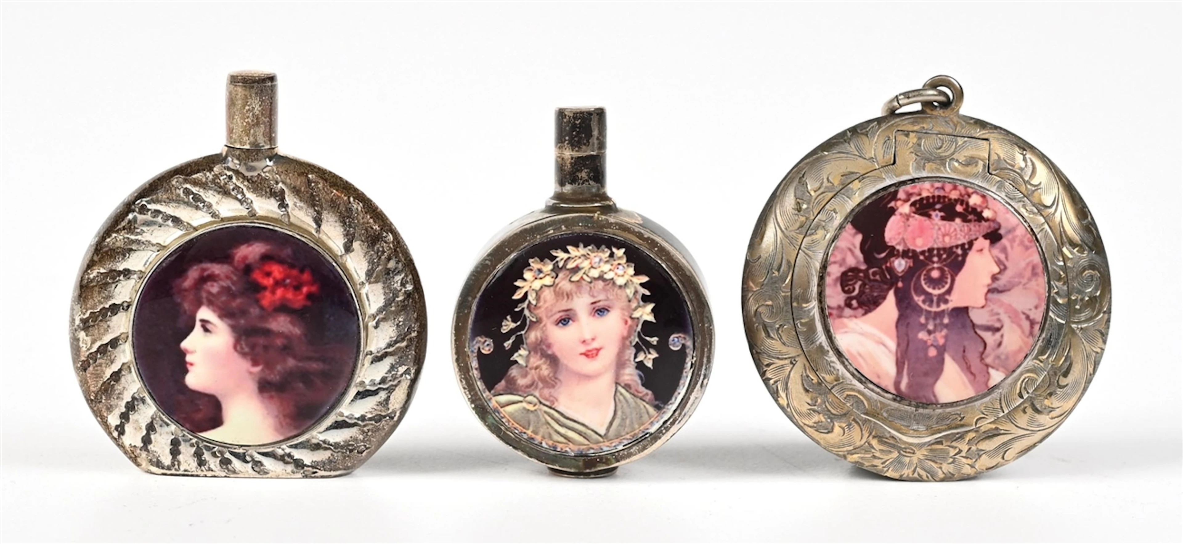 LOT OF 3: SILVER PERFUME BOTTLES WITH ENAMEL PRINTS OF WOMEN