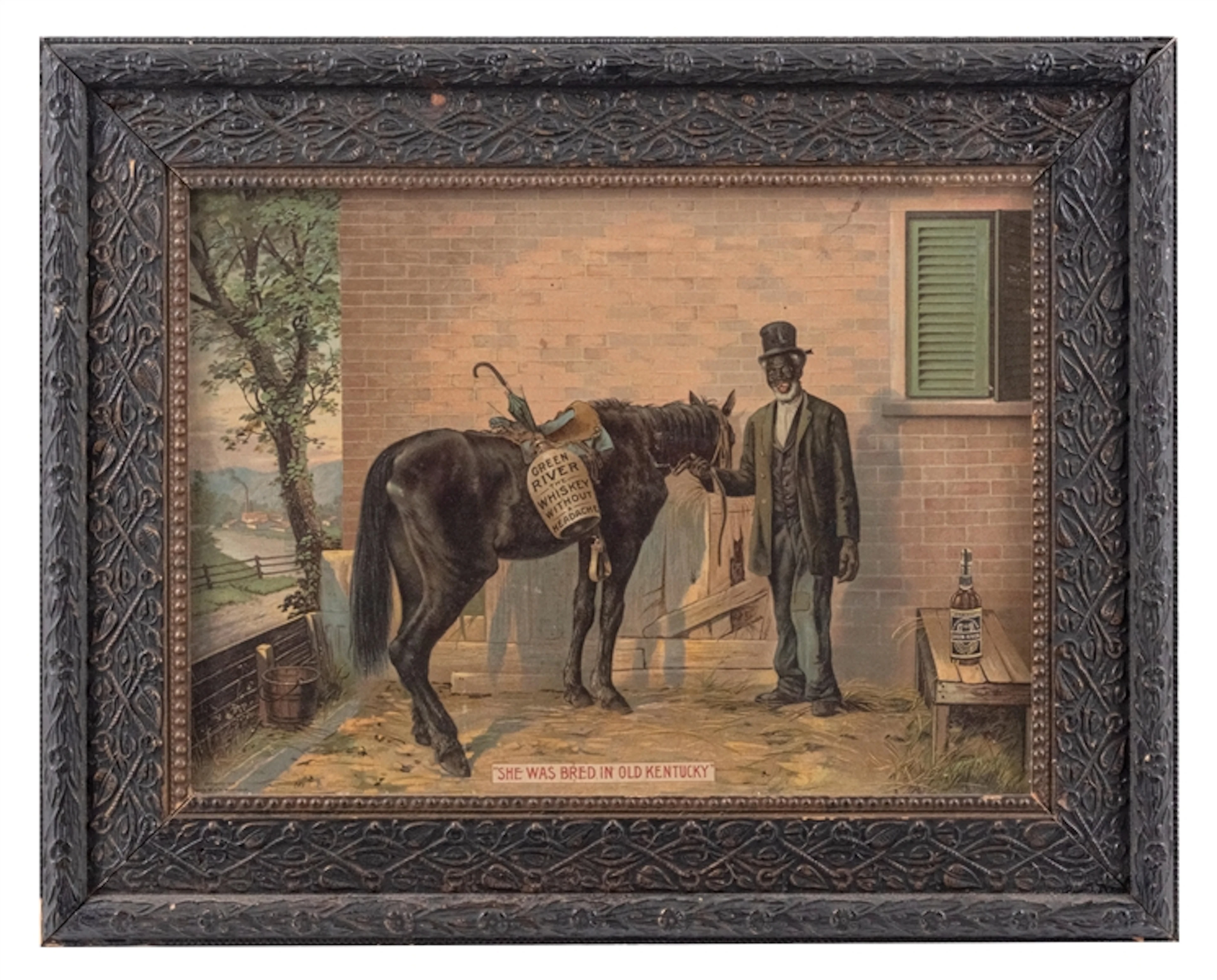 FRAMED CARDBOARD ADVERTISEMENT FOR GREEN RIVER WHISKEY