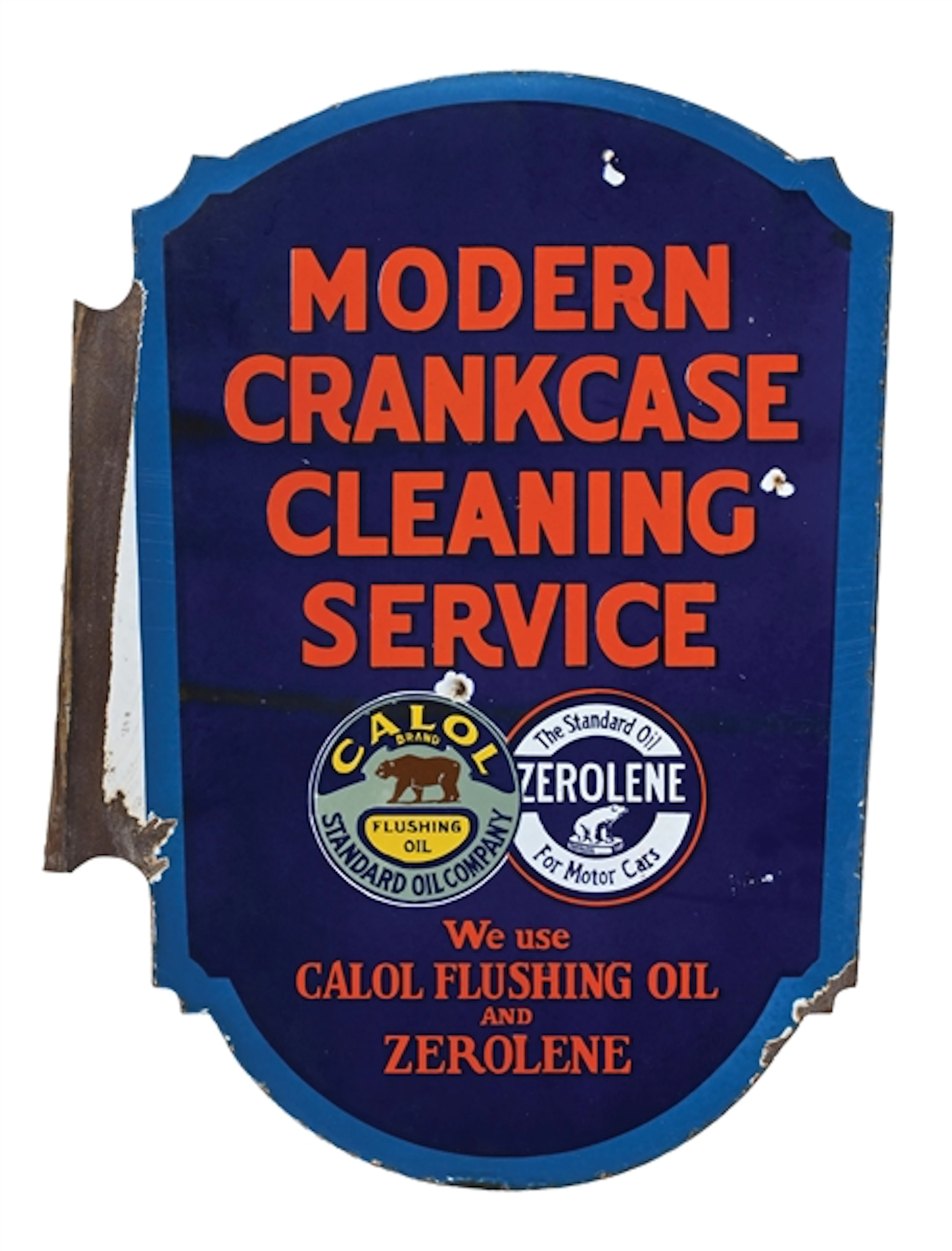 EXTREMELY RARE ZEROLENE MOTOR OILS CRANKCASE CLEANING SERVICE PORCELAIN SIGN.