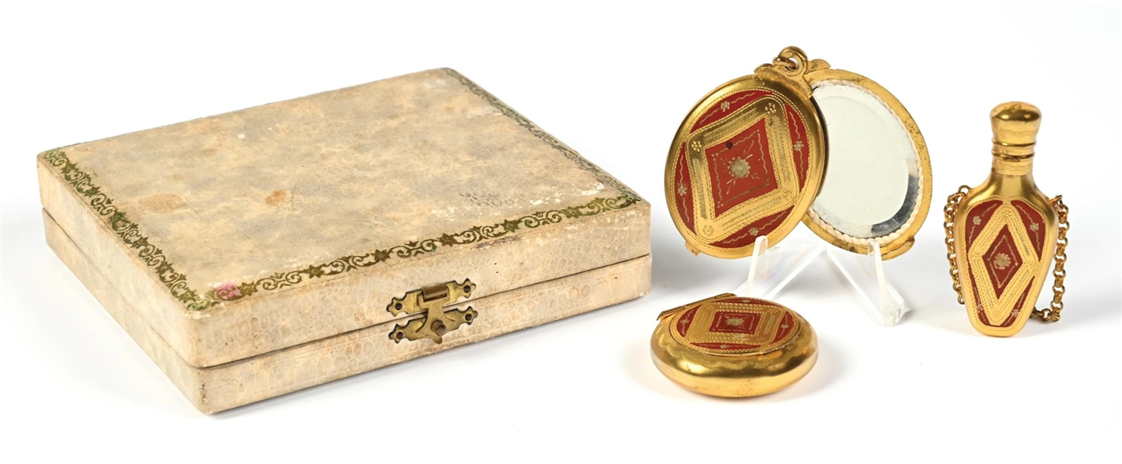 L'AIGLON GOLD & RED VANITY SET IN ORIGINAL CASE
