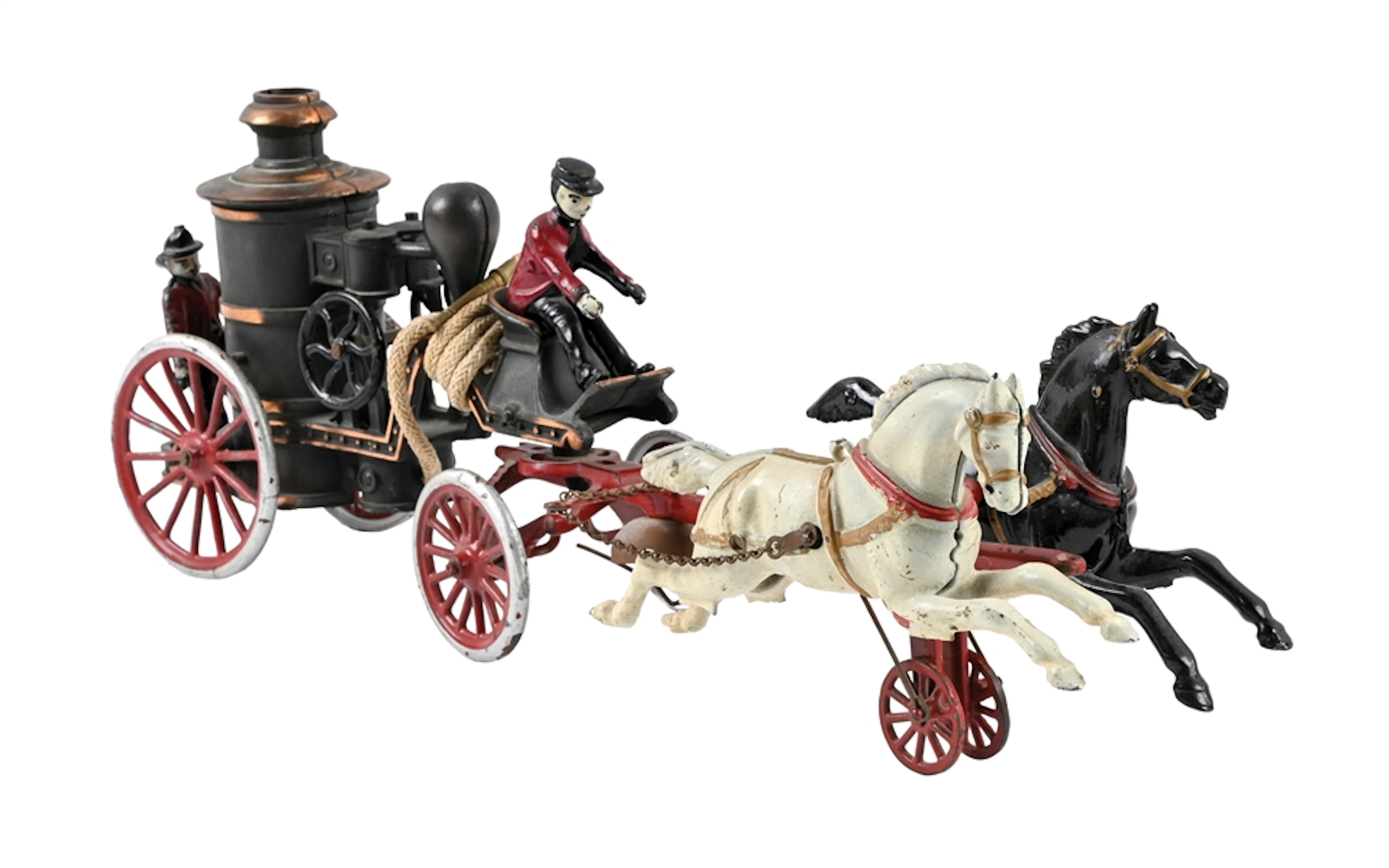 SCARCE WILKINS HARDWARE CO. LARGE CAST-IRON TWO-HORSE FIRE PUMPER