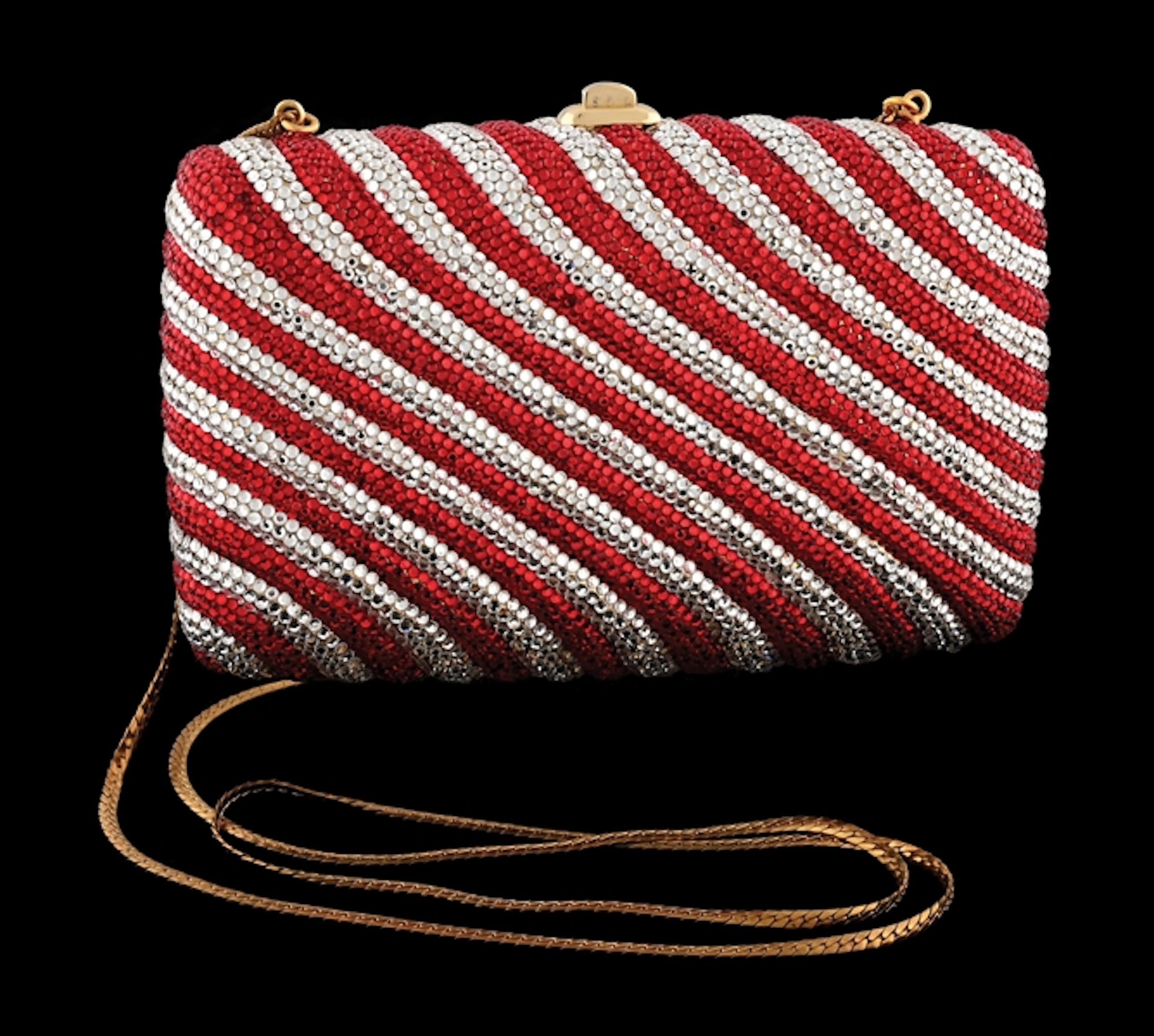 JUDITH LEIBER RED & WHITE CRYSTAL CLUTCH IN ORIGINAL BAG