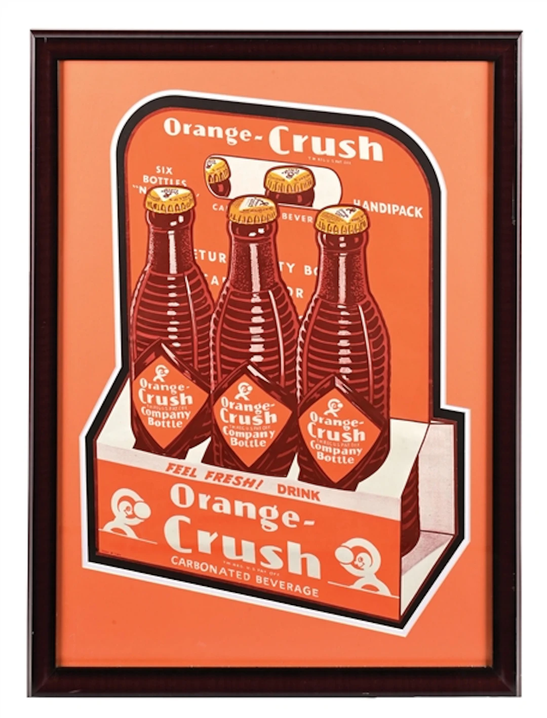 FEEL FRESH! DRINK ORANGE-CRUSH FRAMED PAPER ADVERTISING SIGN.