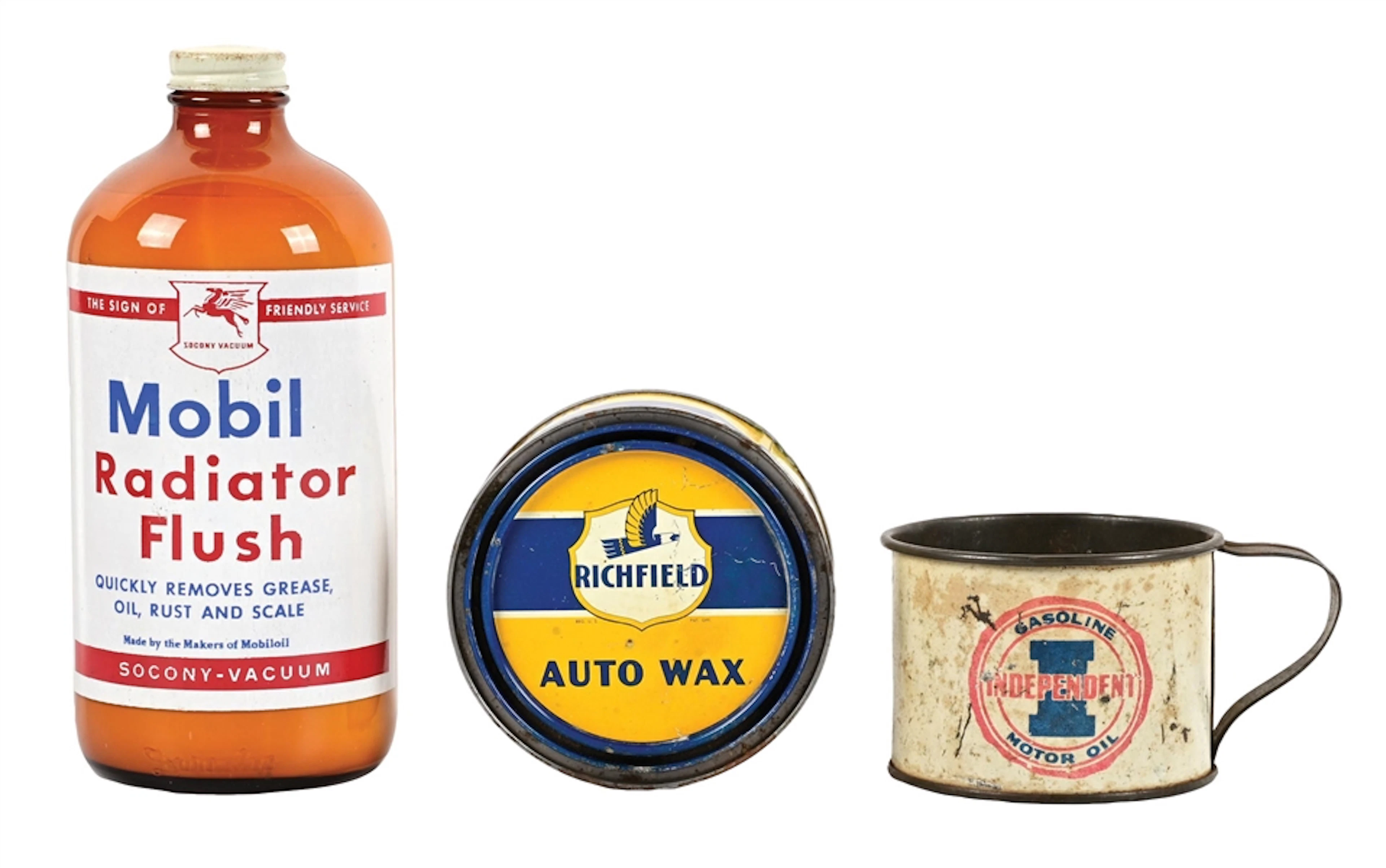 COLLECTION OF 3: MOBIL RADIATOR FLUSH BOTTLE, RICHFIELD AUTO WAX CAN