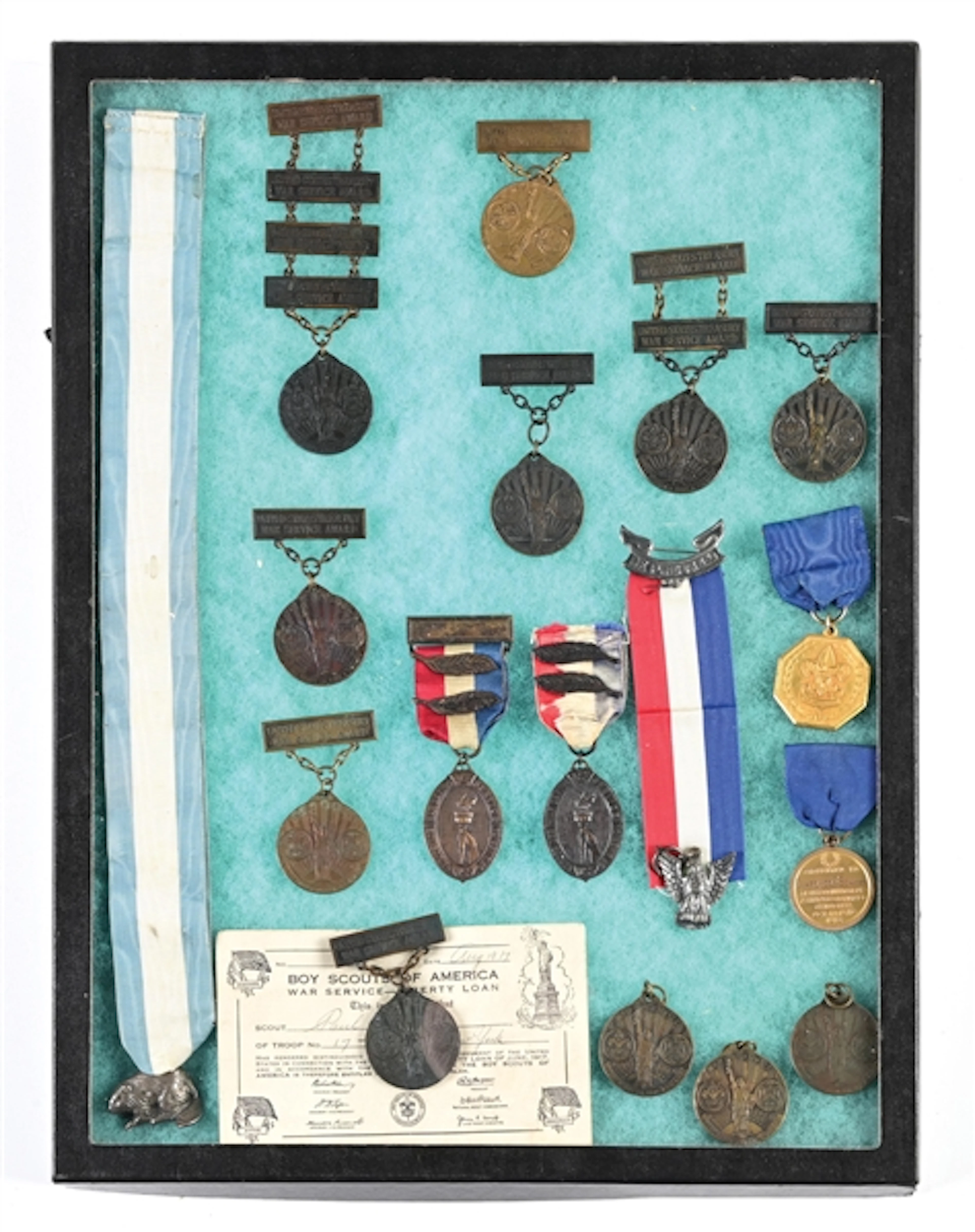 SCARCE LOT OF (17) WWI ERA BOY SCOUTS OF AMERICA MEDALS AND EPHEMRA.