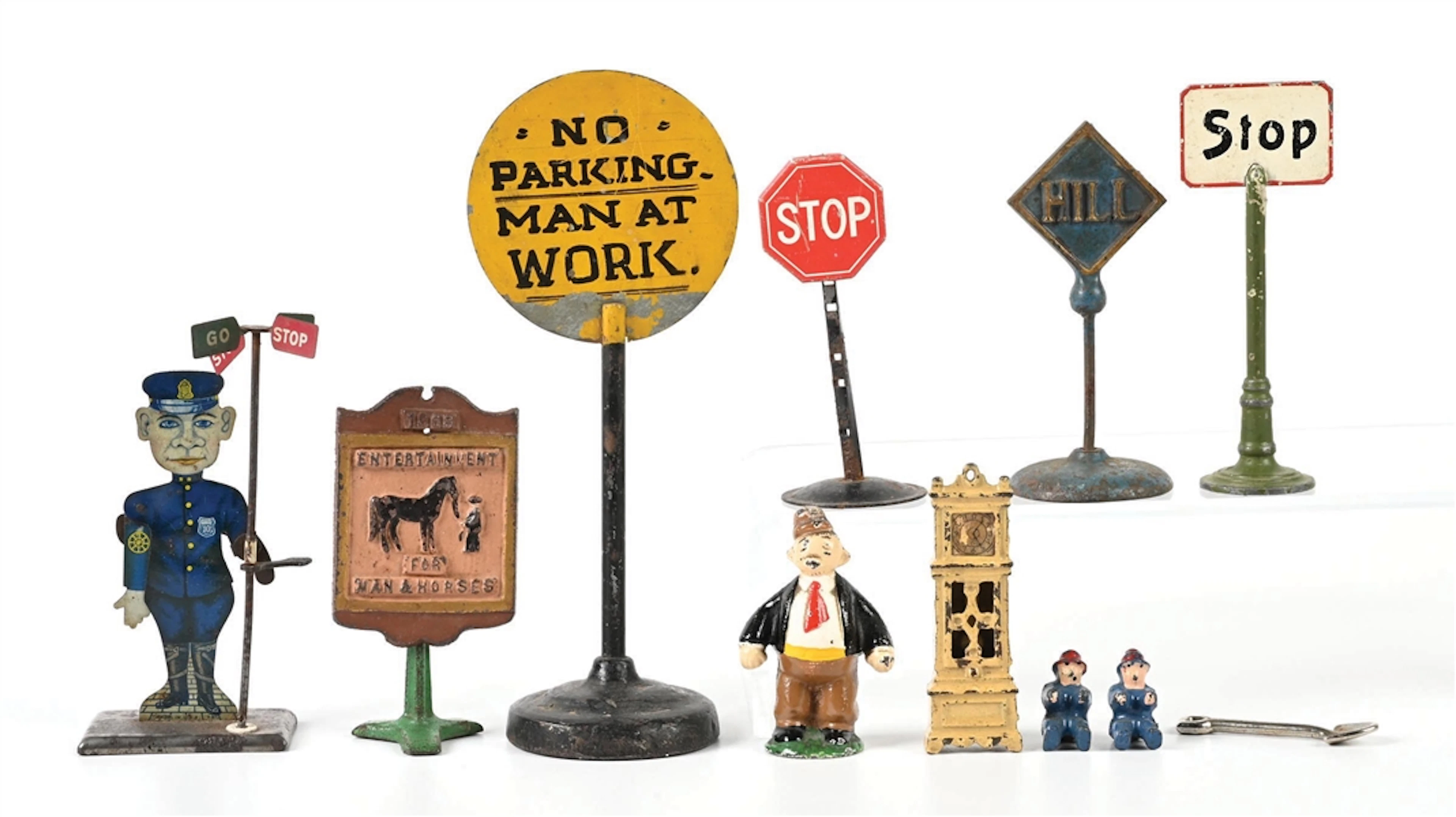 COLLECTION OF 10: AMERICAN-MADE WORK SIGNS, GRANDFATHER CLOCK, TIN