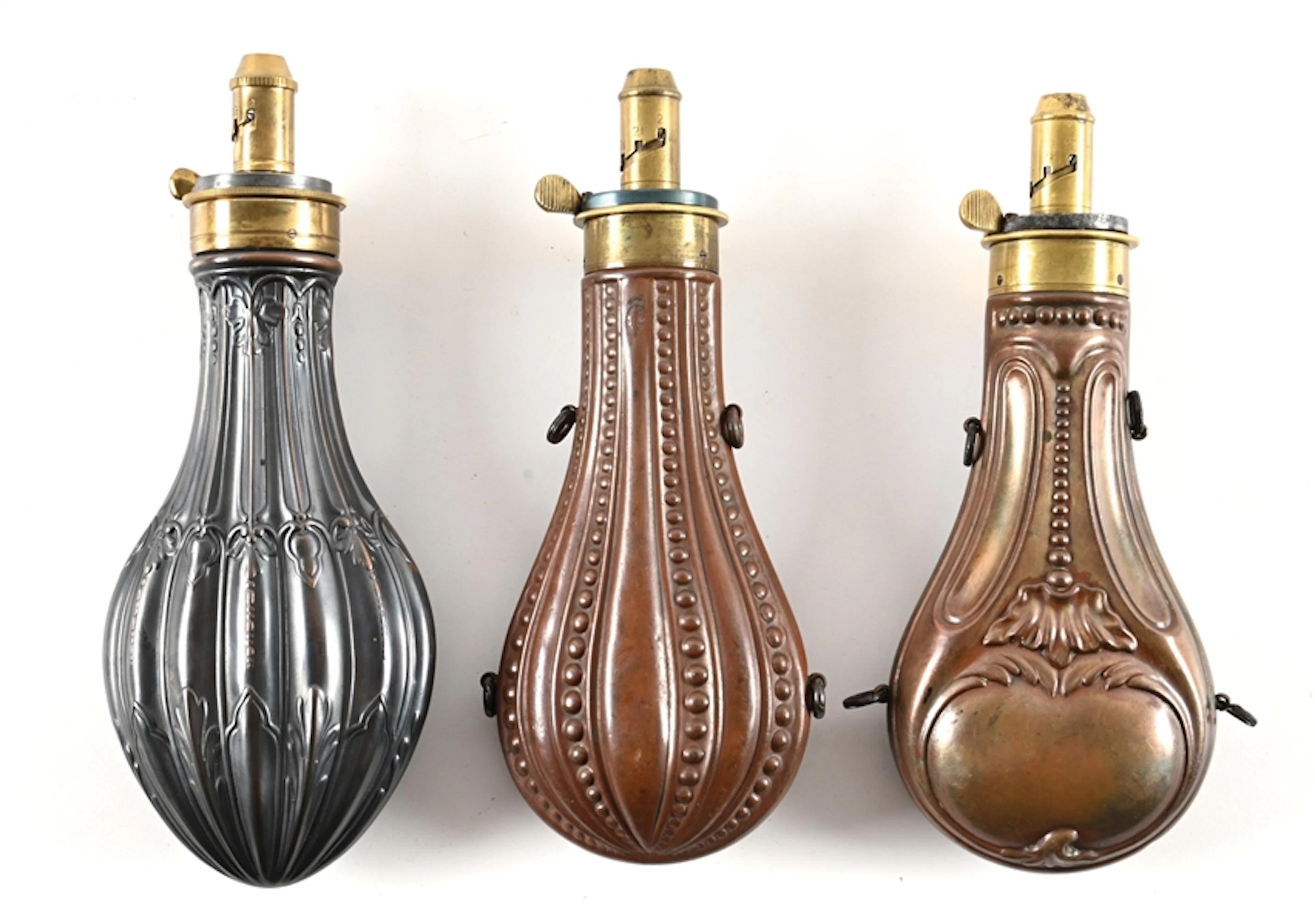 LOT OF 3: JAMES DIXON AND SONS SHEFFIELD POWDER FLASKS.
