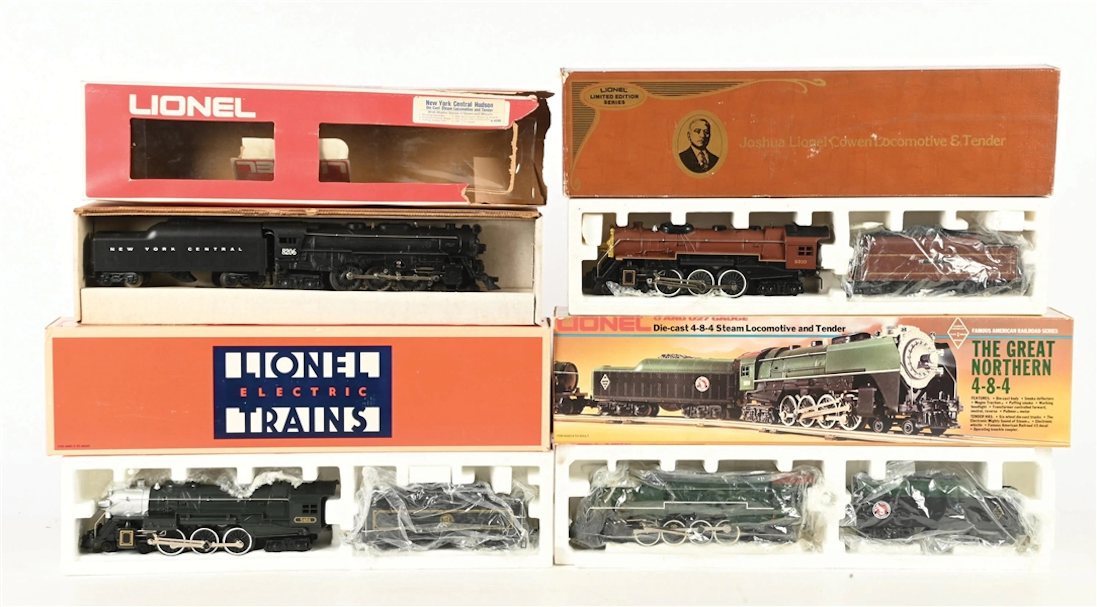 LOT OF 4: VARIOUS LIONEL O-GA. DIE-CAST STEAM LOCOMOTIVES W/ TENDERS IN BOXES