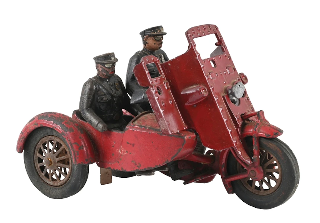 HUBLEY MFG. CO. CAST IRON MOTORCYCLE TOY WITH SIDECAR AND POLICE OFFICERS