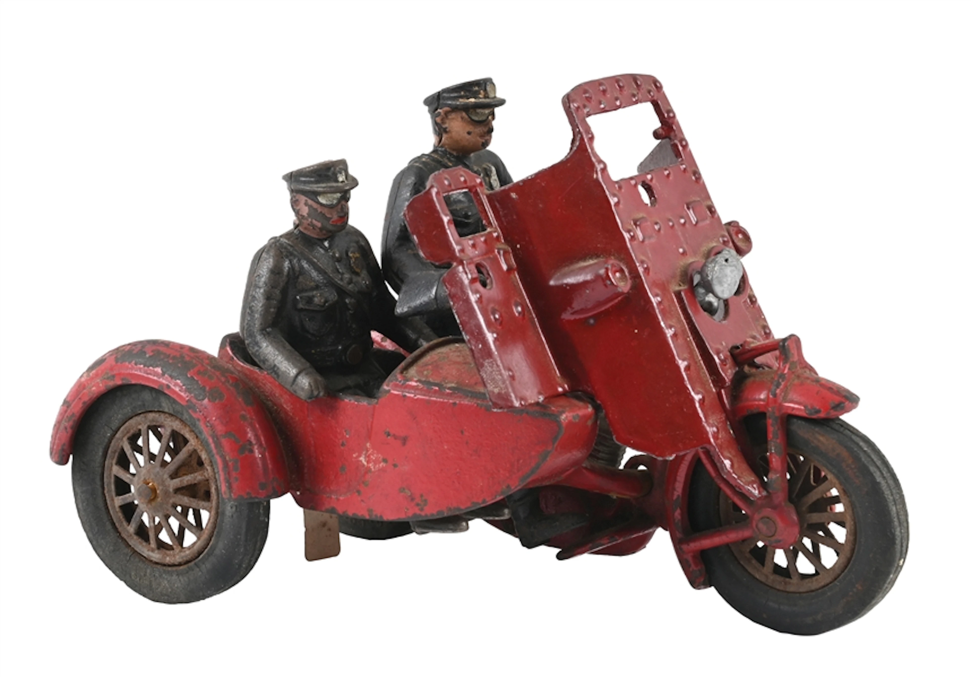 HUBLEY MFG. CO. CAST IRON MOTORCYCLE TOY WITH SIDECAR AND POLICE OFFICERS