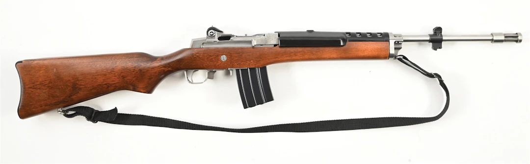 (M) STAINLESS RUGER MINI-14 SEMI-AUTOMATIC RIFLE.